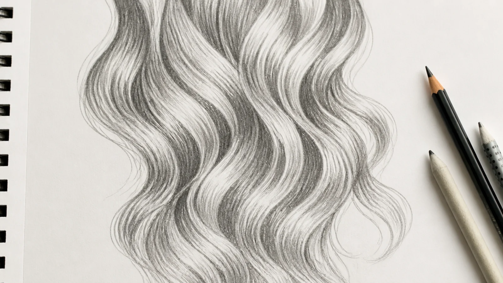 Hair sketch reference of loose waves drawn as repeating ribbon S curves with shading inside each curve