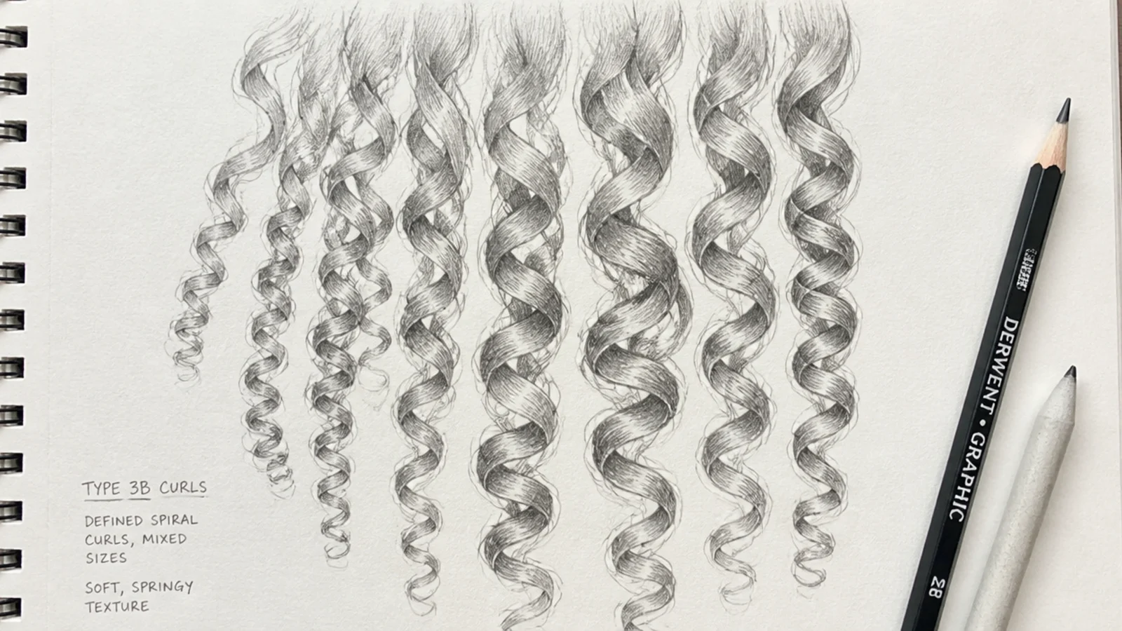 Pencil sketch reference of type 3B curls drawn as twisting ribbon clusters with light and shadow on opposite faces