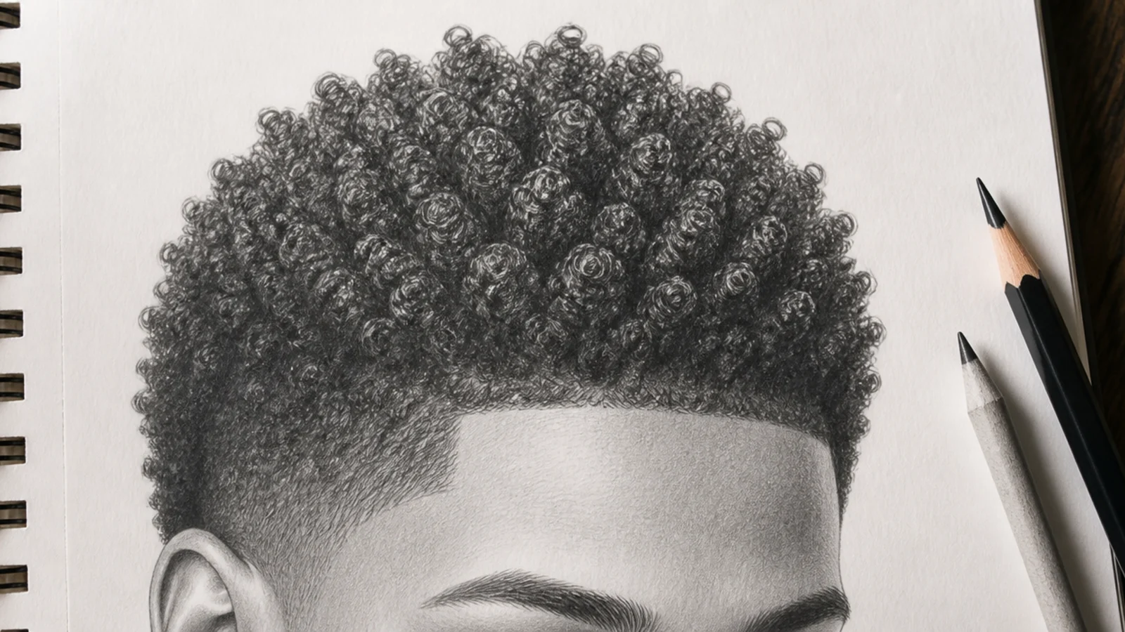 Graphite hair drawing reference of short 4C coily hair with clustered coil texture and a crisp tapered hairline
