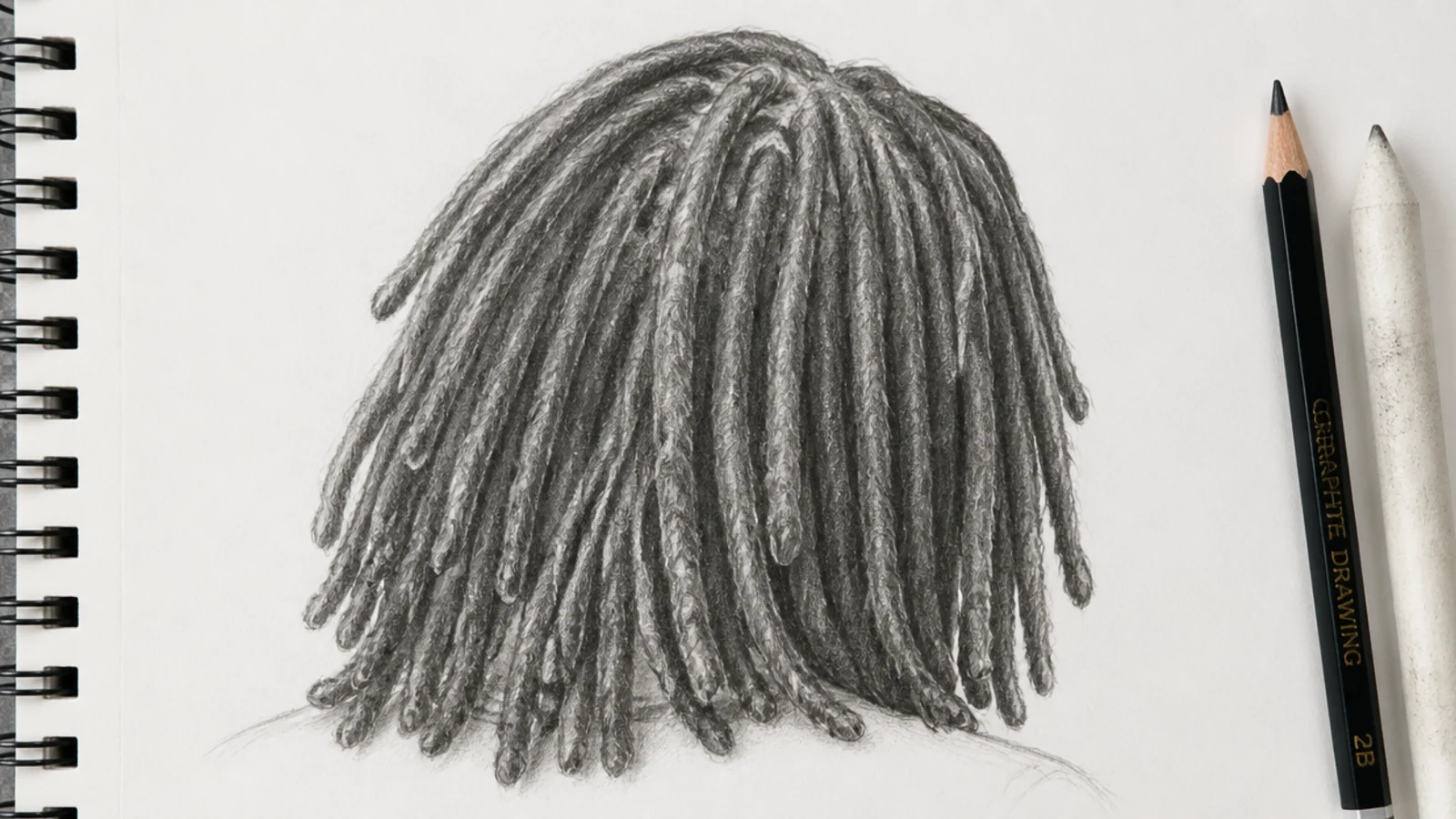 Pencil hair sketch reference of shoulder length locs drawn as separate uneven cylinders with contact shadows