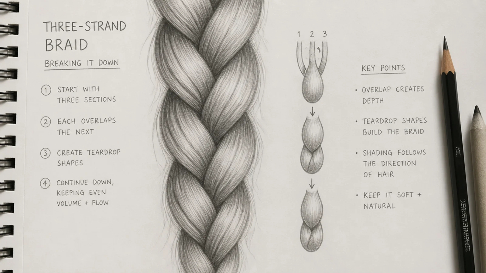 Hair drawing reference sheet breaking a three strand braid into stacked overlapping teardrop shapes
