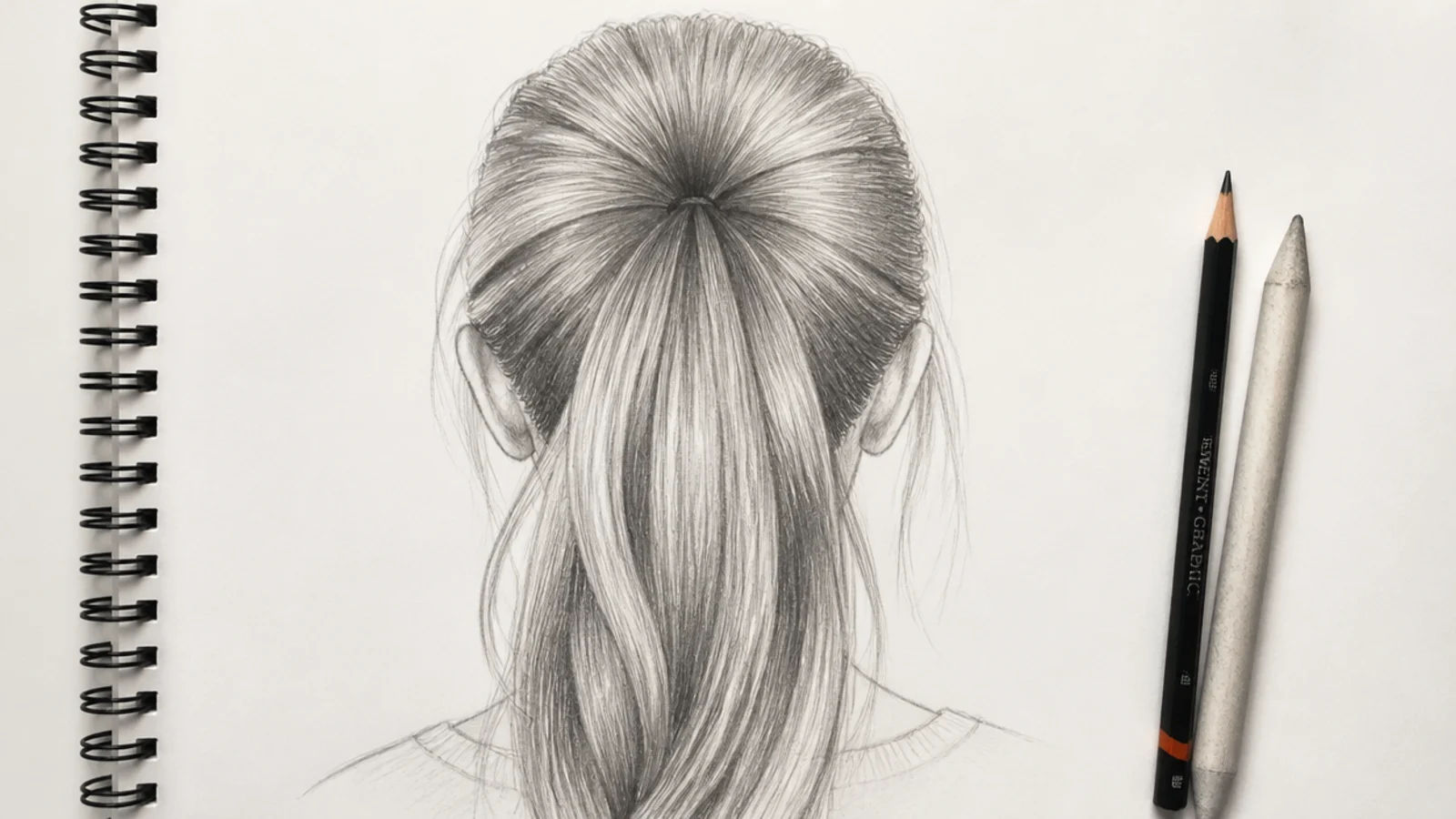 Back view pencil hair sketch reference of a high ponytail with convergent flow lines and a dark core above the tie