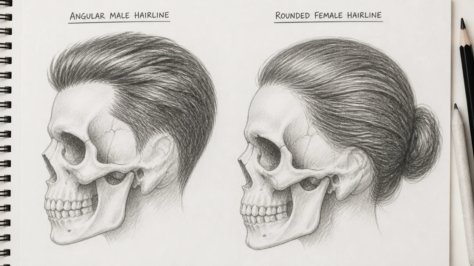 Side by side graphite hair reference comparing an angular male hairline and a rounded female hairline on identical skulls