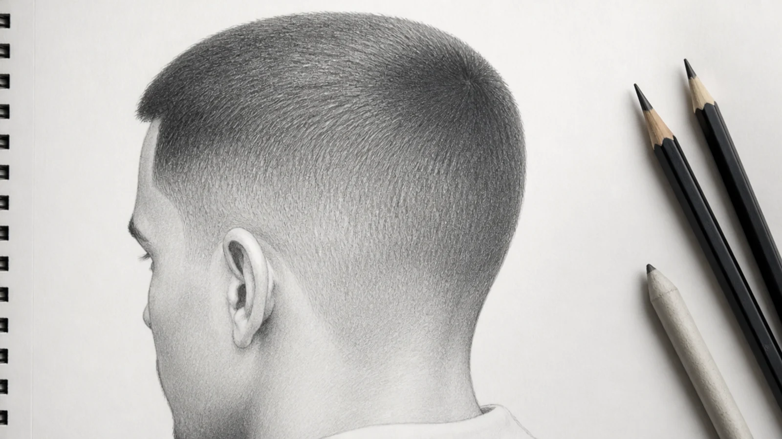 Pencil hair sketch reference of a buzz cut and taper fade shown as pure value with no drawn strands