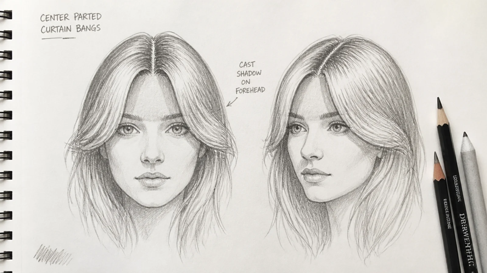 Hair sketch reference of center parted curtain bangs from front and three-quarter with cast shadow on the forehead