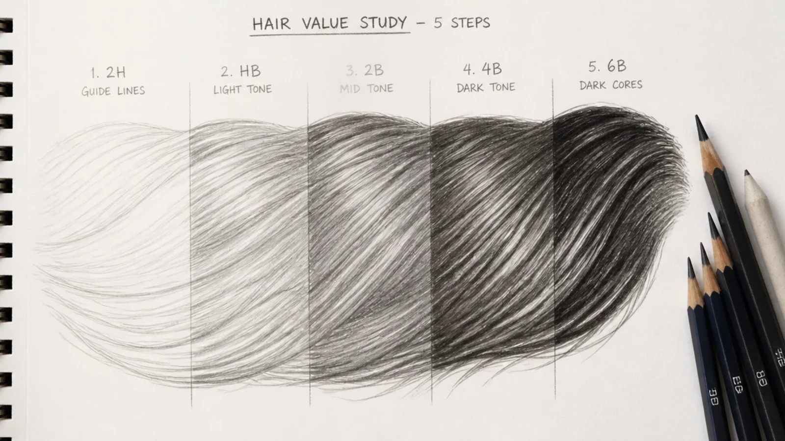Graphite hair reference sheet showing one hair mass shaded in five bands from 2H guide lines to 6B dark cores