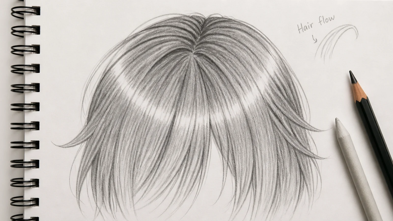 Pencil and digital style hair sketch reference of anime hair with a curved highlight band wrapping the crown