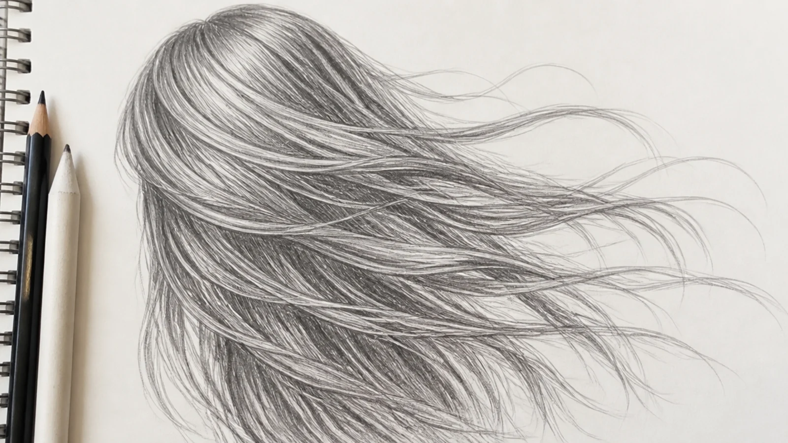 Hair drawing reference of long wind blown hair with directional flow lines and separated trailing strand groups