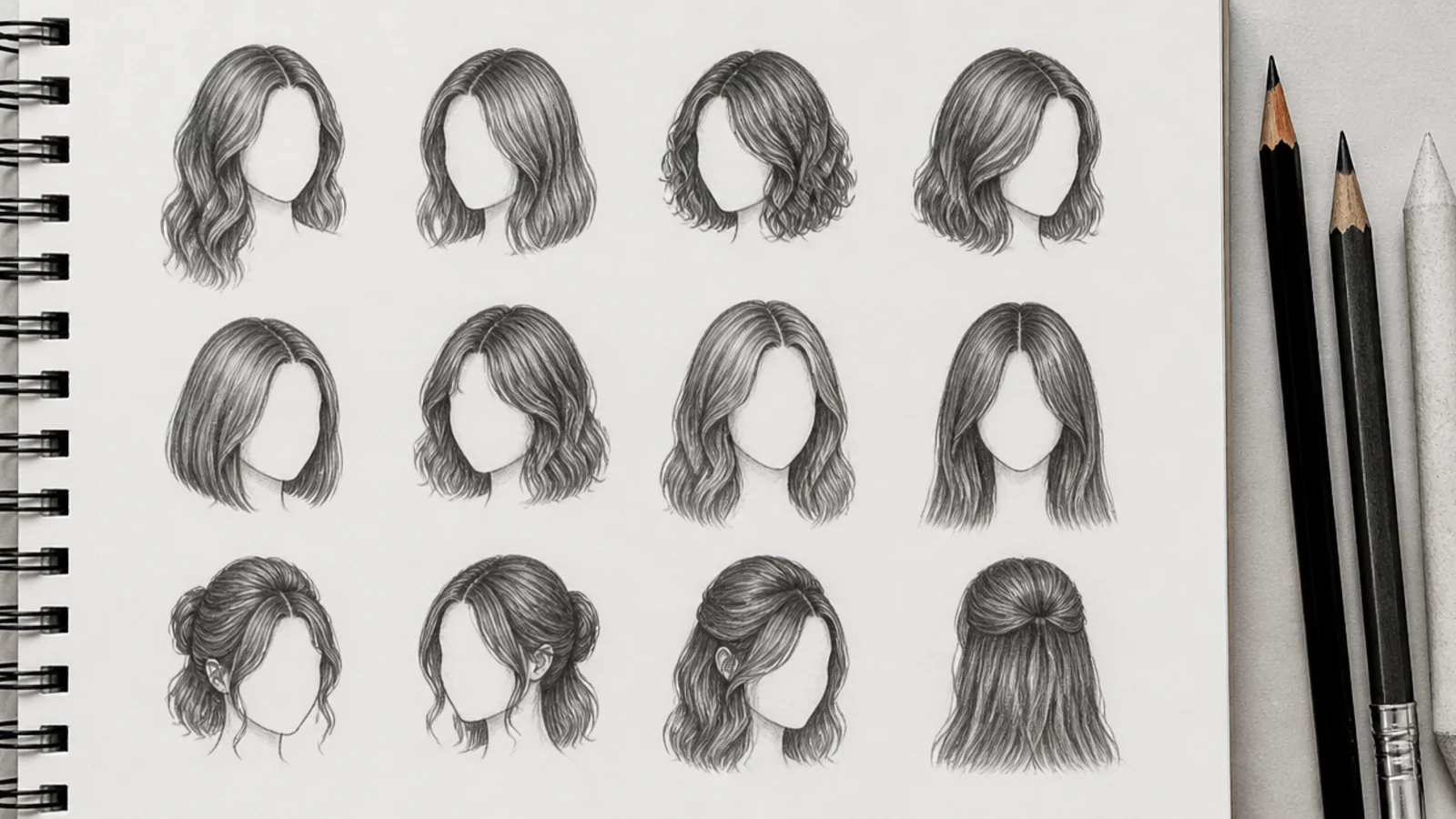Pencil sketch reference sheet of twelve two centimeter heads showing hair rendered as silhouette and value only