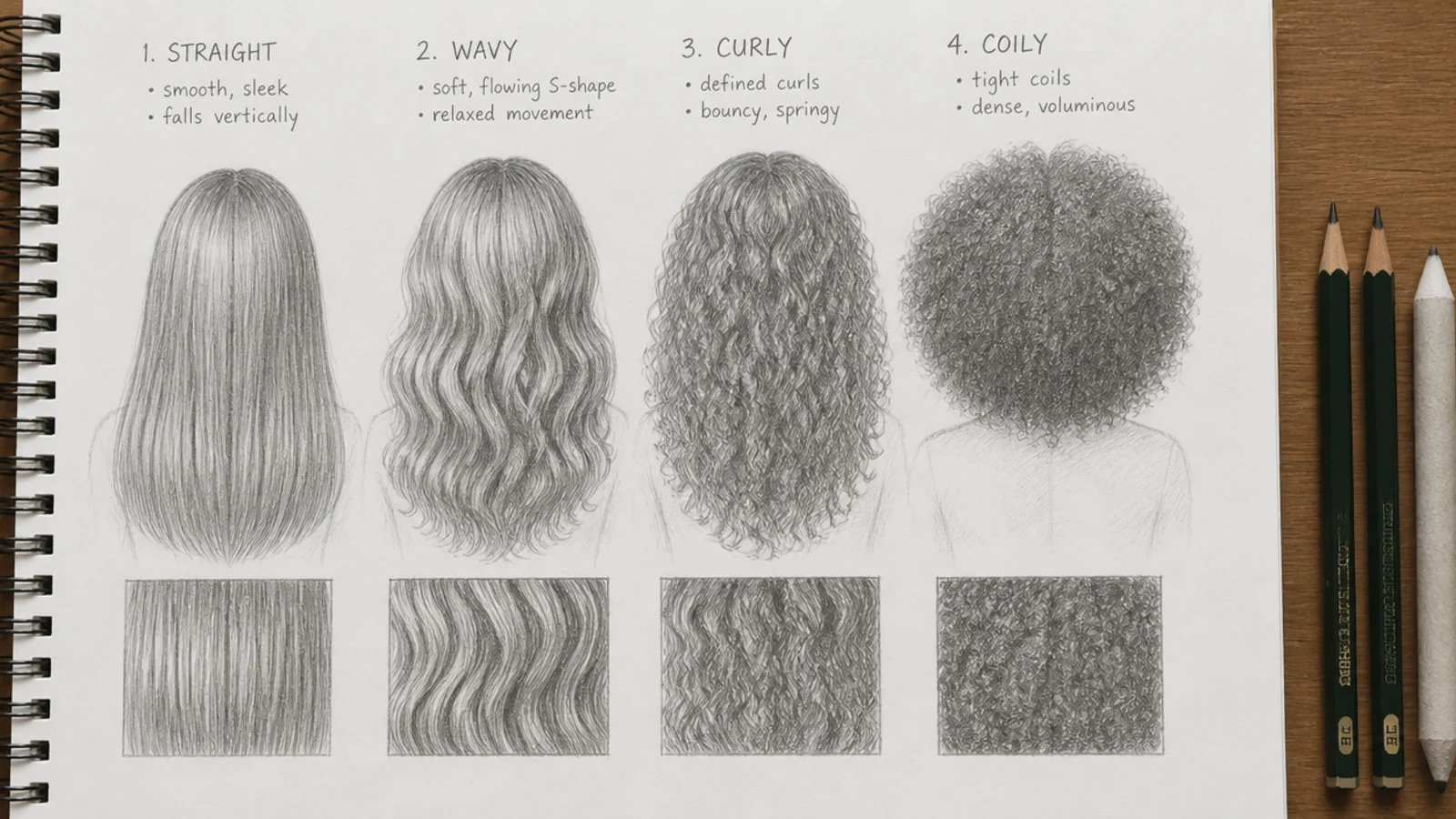 Four panel hair drawing reference comparing straight, wavy, curly and coily pencil sketch textures