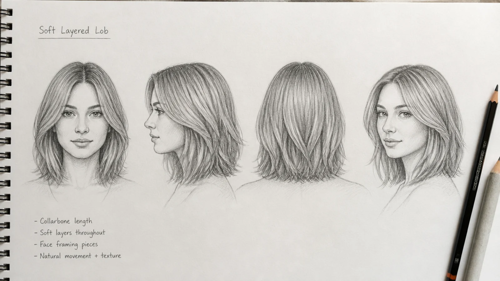 Graphite hair sketch reference sheet showing one hairstyle drawn from front, side, back and three-quarter angles
