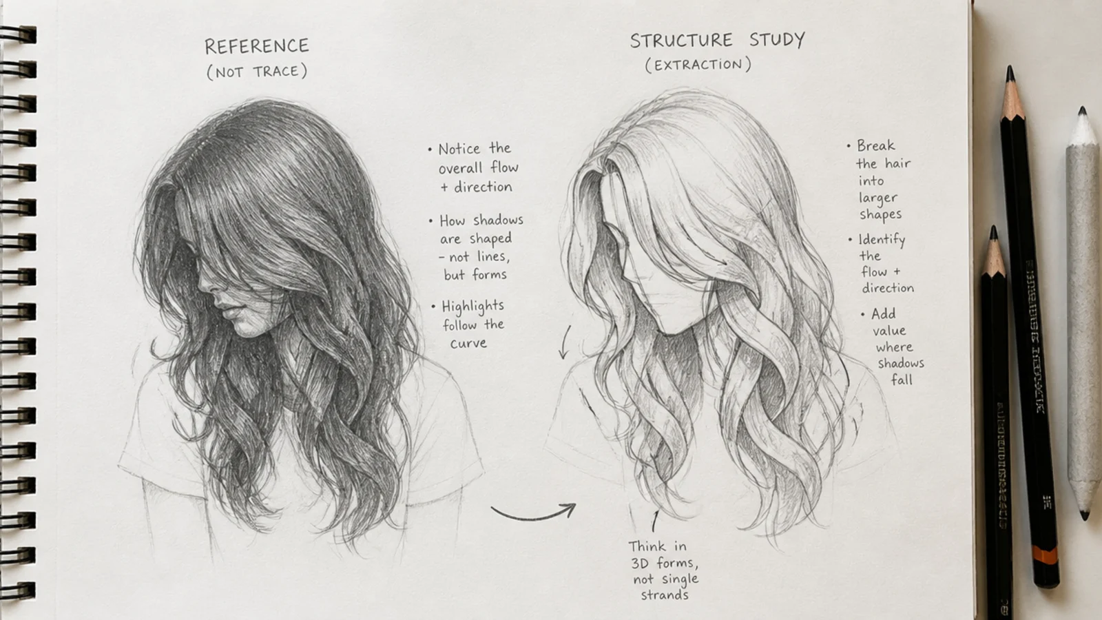 Pencil hair sketch reference beside a fresh drawing showing structure being extracted rather than traced