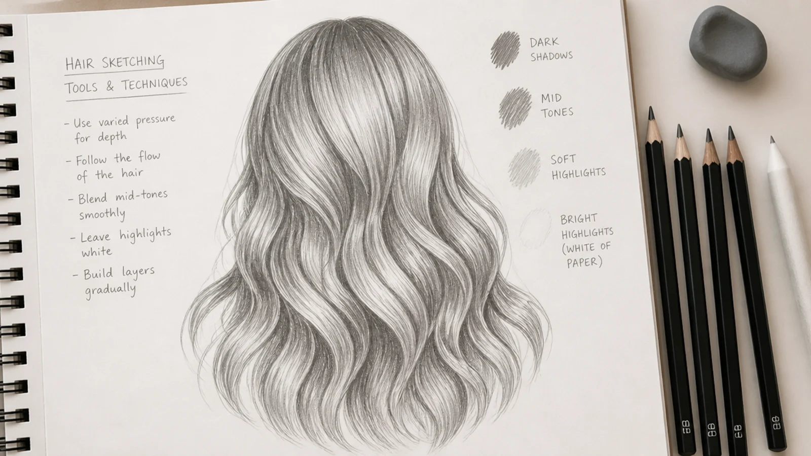 Flat lay pencil drawing tools for hair sketching with graded graphite pencils kneaded eraser and blending stump