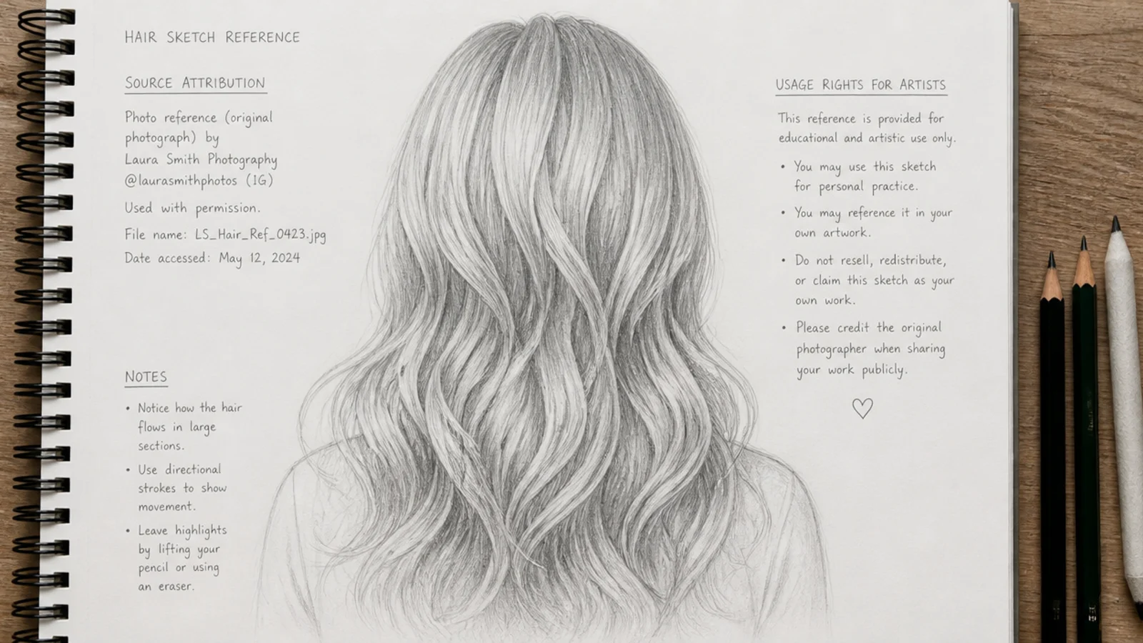 Hair sketch reference sheet with margin notes about source attribution and usage rights for artists