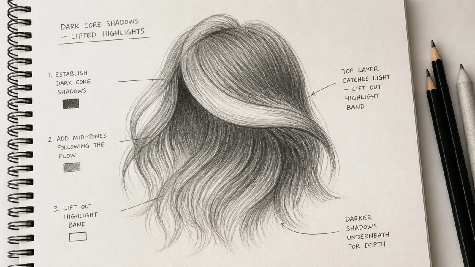 Graphite hair reference showing dark core shadows under the top layer with a lifted white highlight band