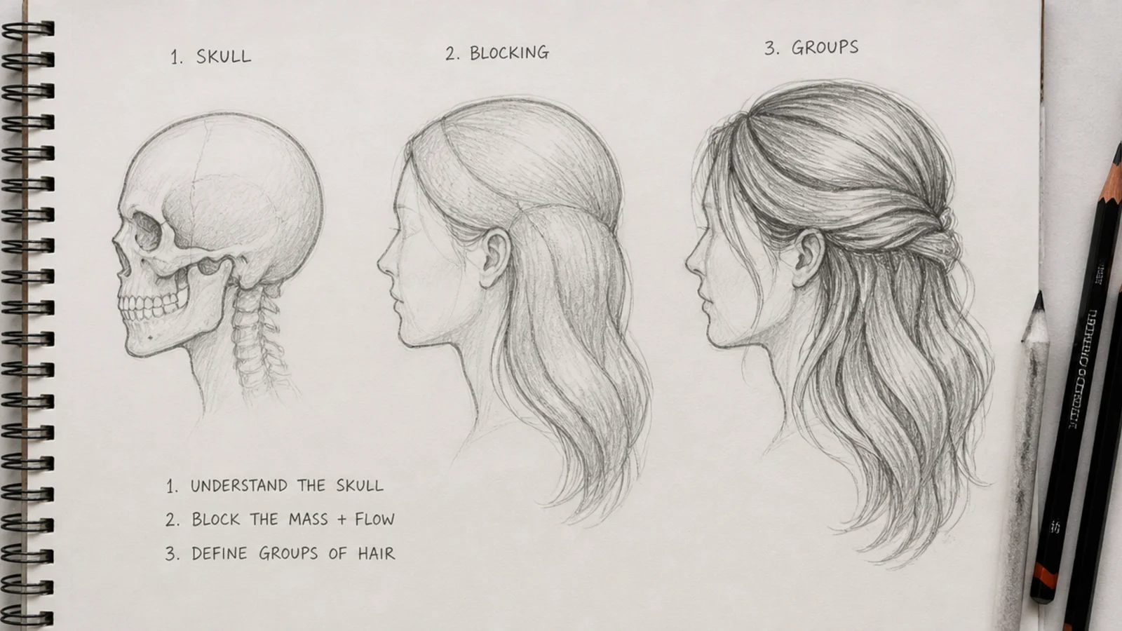 Three stage hair sketch reference showing bare skull, blocked hair silhouette, then grouped strand sections