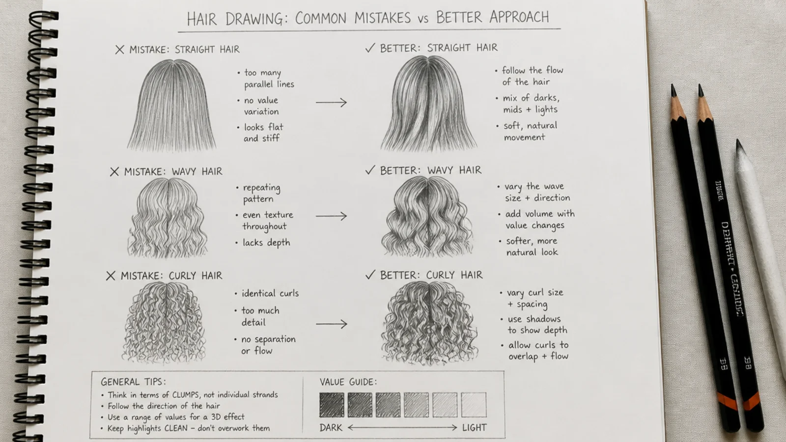 Comparison sketch of common hair drawing mistakes beside corrected versions with better flow and value