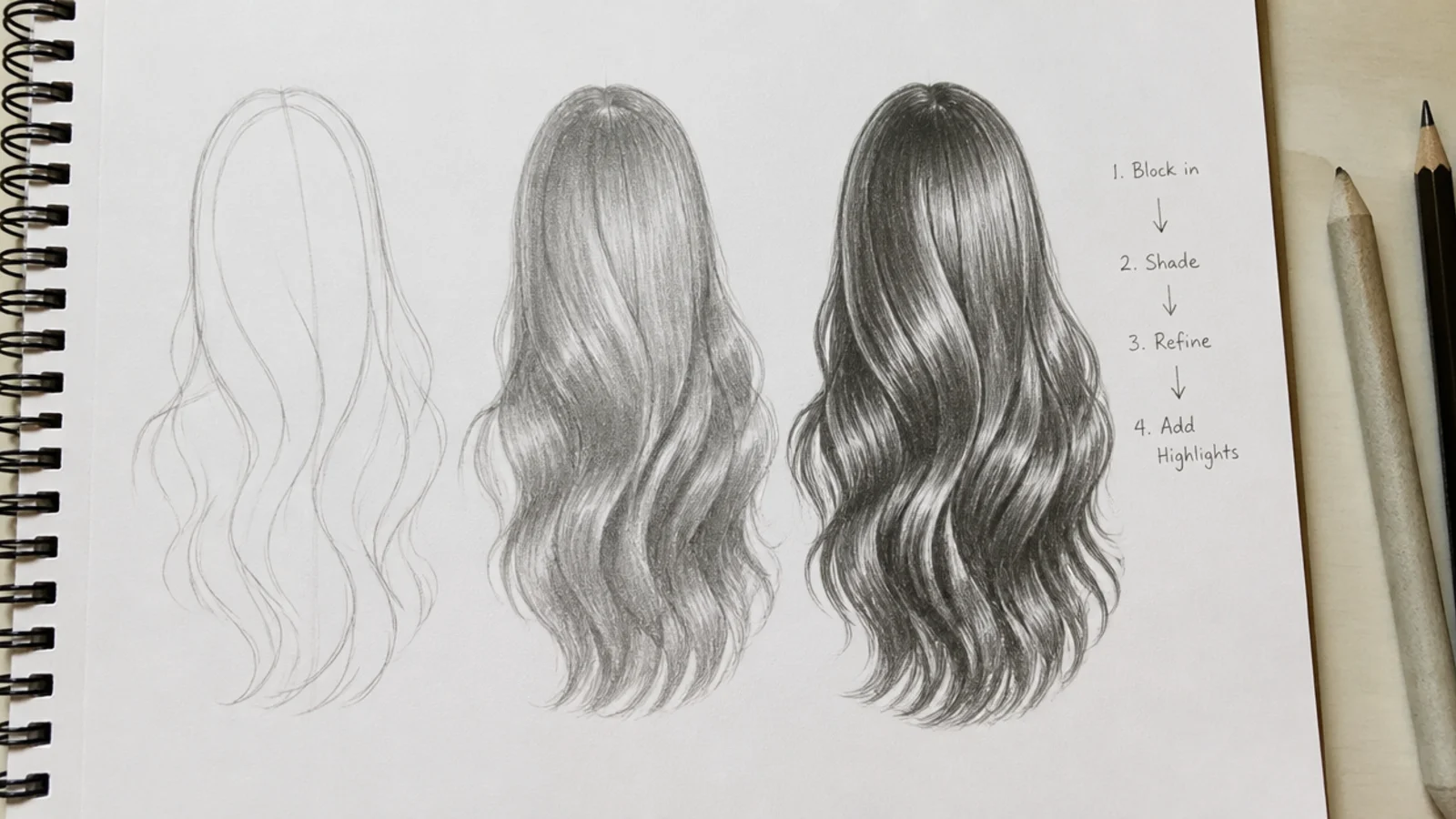 Graphite hair sketch tutorial on white paper showing a blocked silhouette shaded into long flowing hair