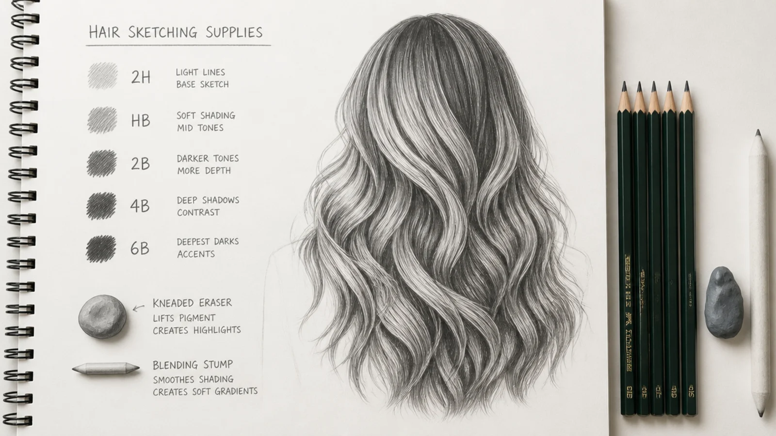 Hair sketching supplies laid out with 2H HB 2B 4B and 6B graphite pencils, kneaded eraser and blending stump