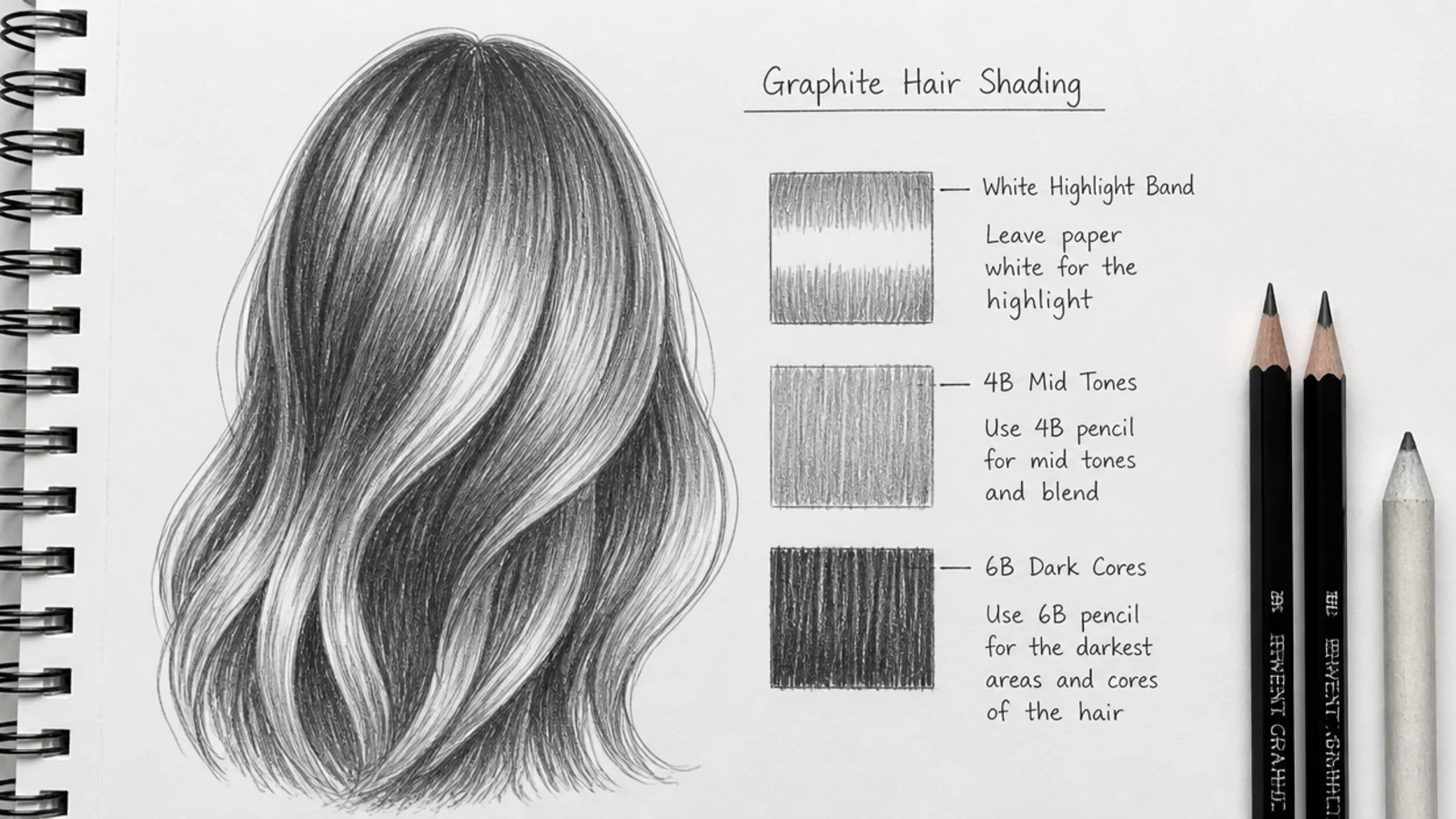 Graphite hair shading demonstration showing a white highlight band, 4B mid tones and 6B dark cores