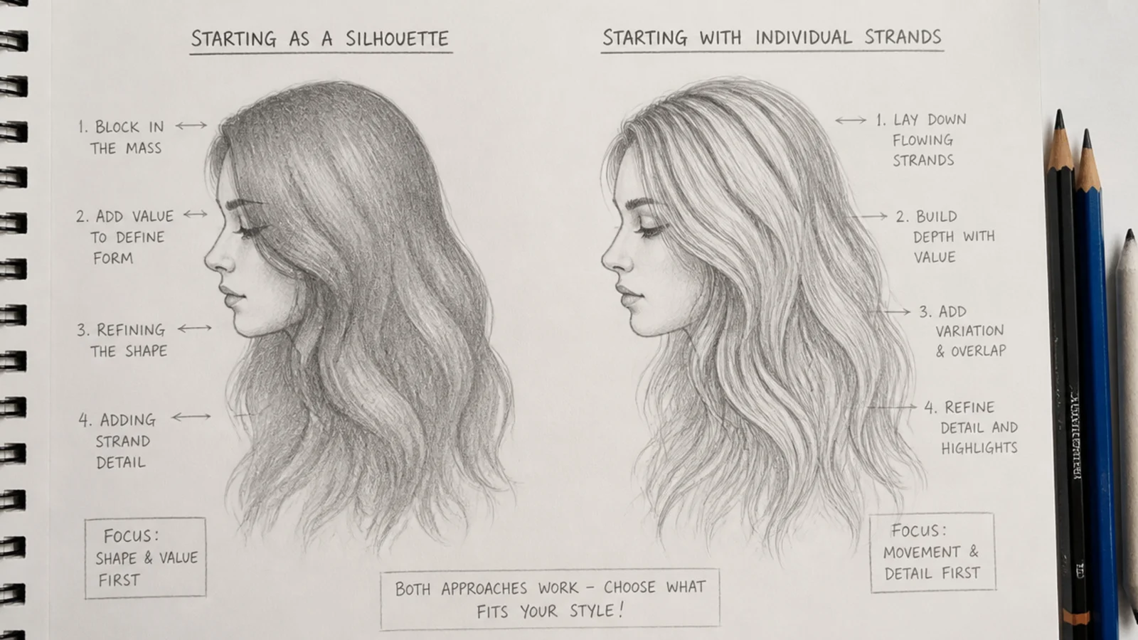 Side by side pencil sketches showing hair started as a silhouette versus started as individual strands