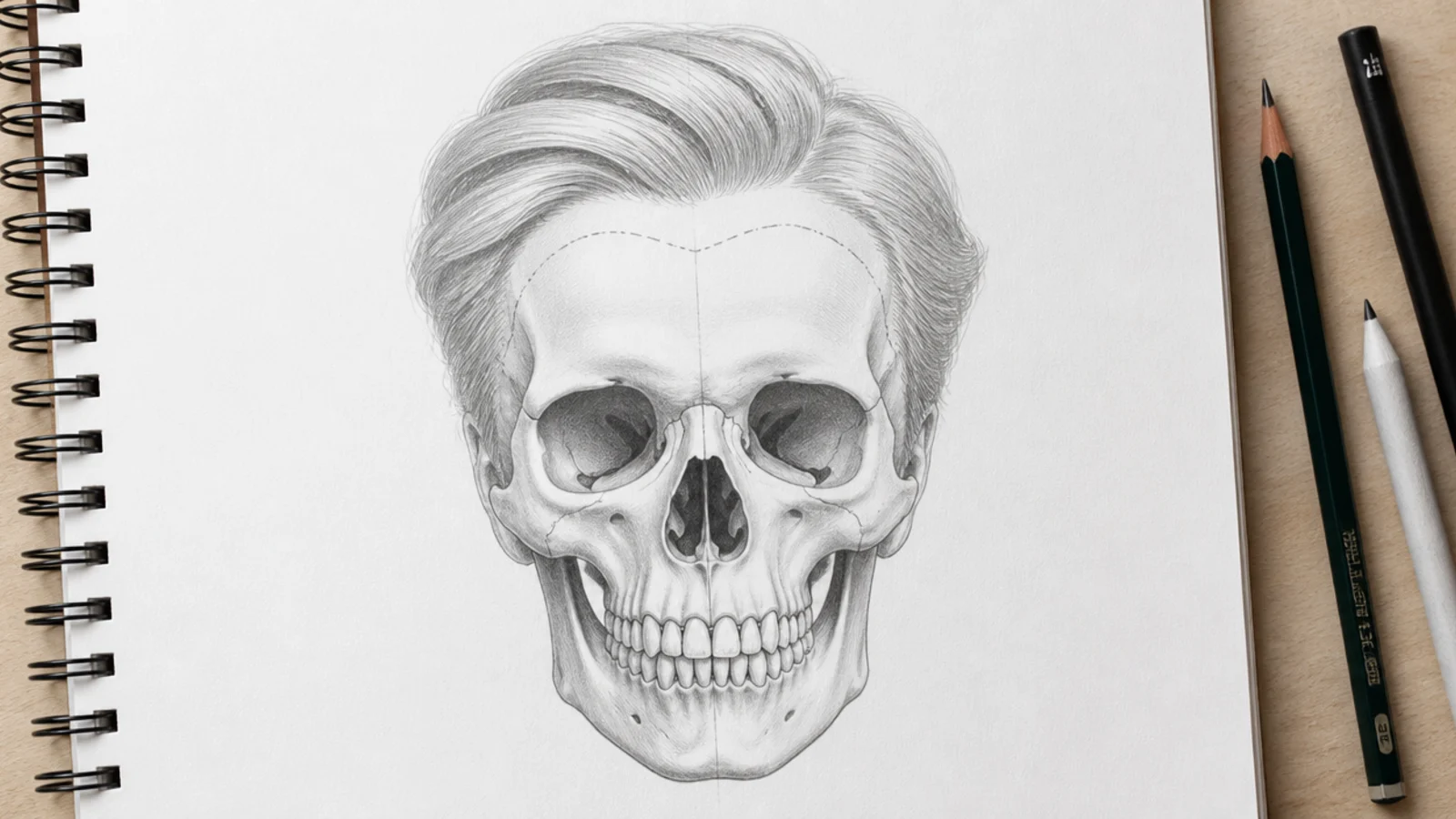 Pencil sketch of a bare skull with an irregular hairline marked in light 2H guide lines