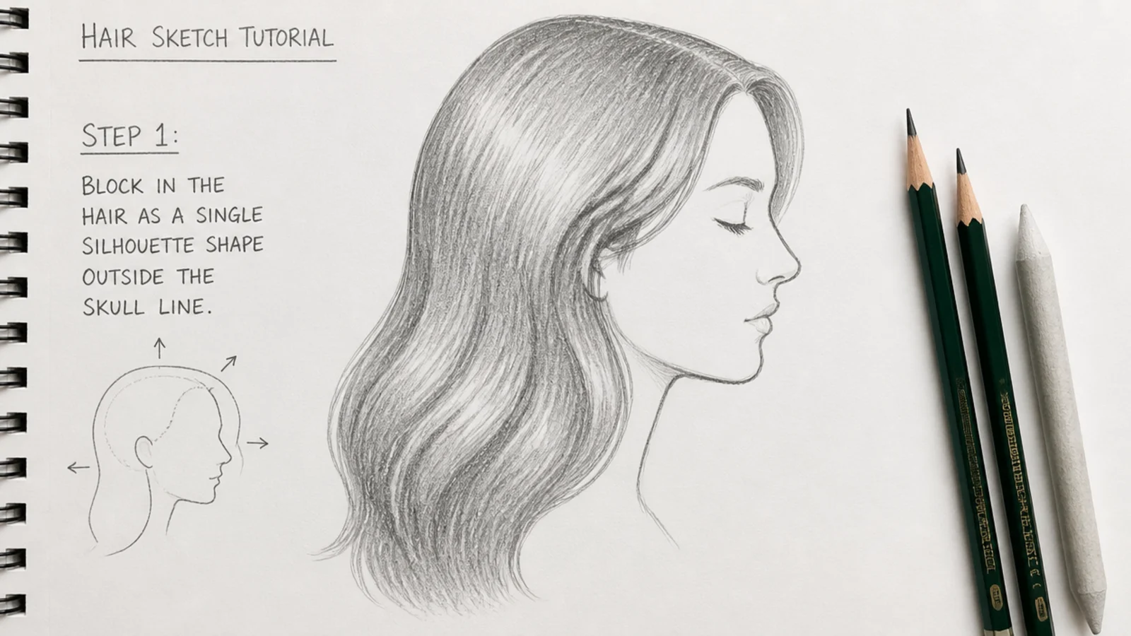 Hair sketch tutorial step showing hair blocked as a single silhouette shape outside the skull line