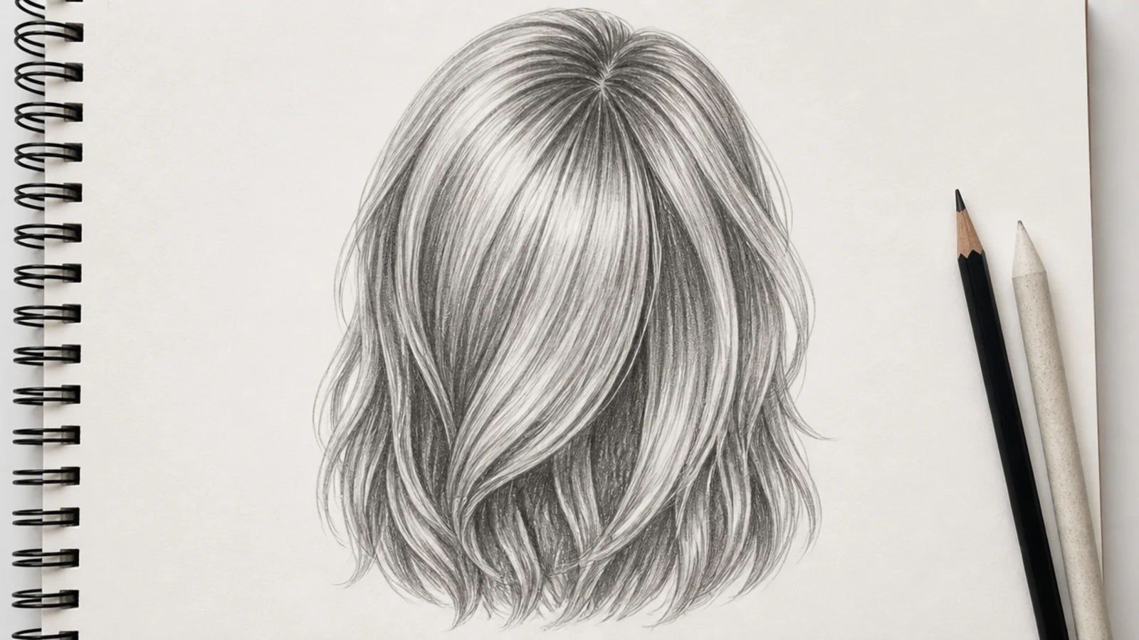 Graphite flow lines radiating from the crown of the head through a blocked hair silhouette