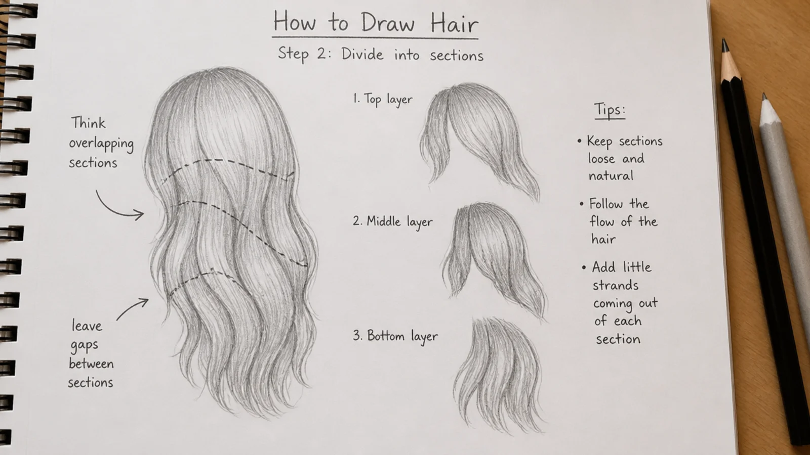 Hair drawing tutorial step dividing a hair silhouette into overlapping sections with gaps between them