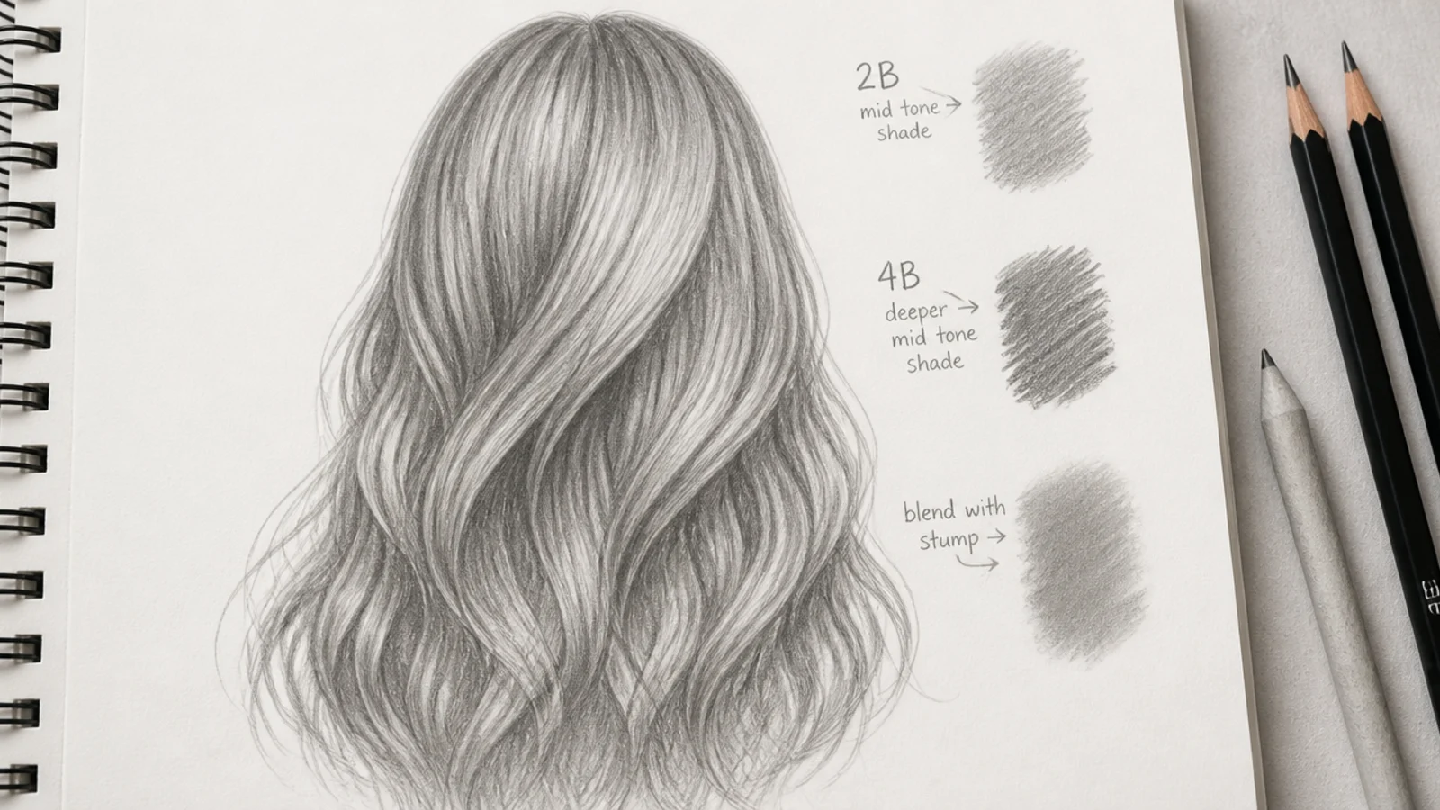 2B and 4B pencil strokes laying mid tone shading along the flow direction of a hair sketch