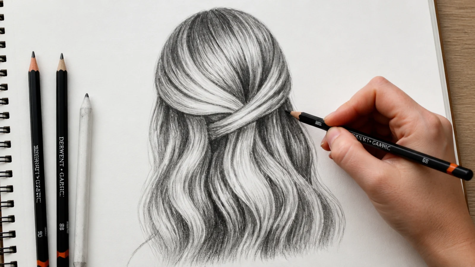 6B pencil deepening the dark cores between hair sections while paper stays white at the highlight band