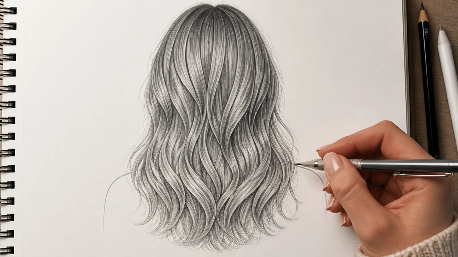 Fine mechanical pencil adding stray strands and short flicks at the ends of a finished hair sketch