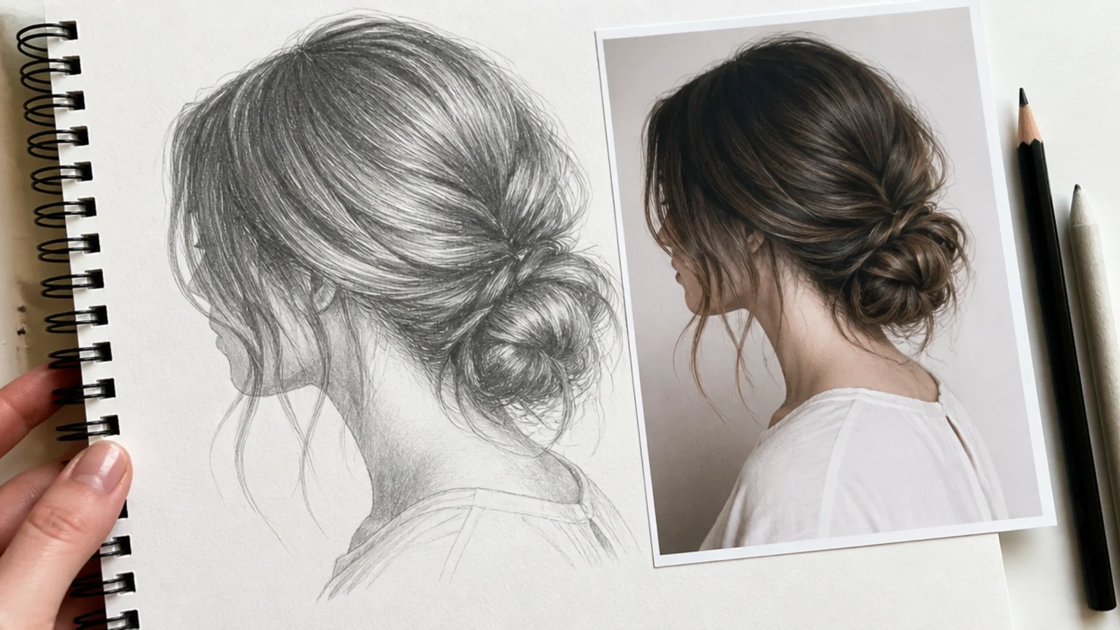 Finished pencil hair sketch held beside a reference image to check volume and value range