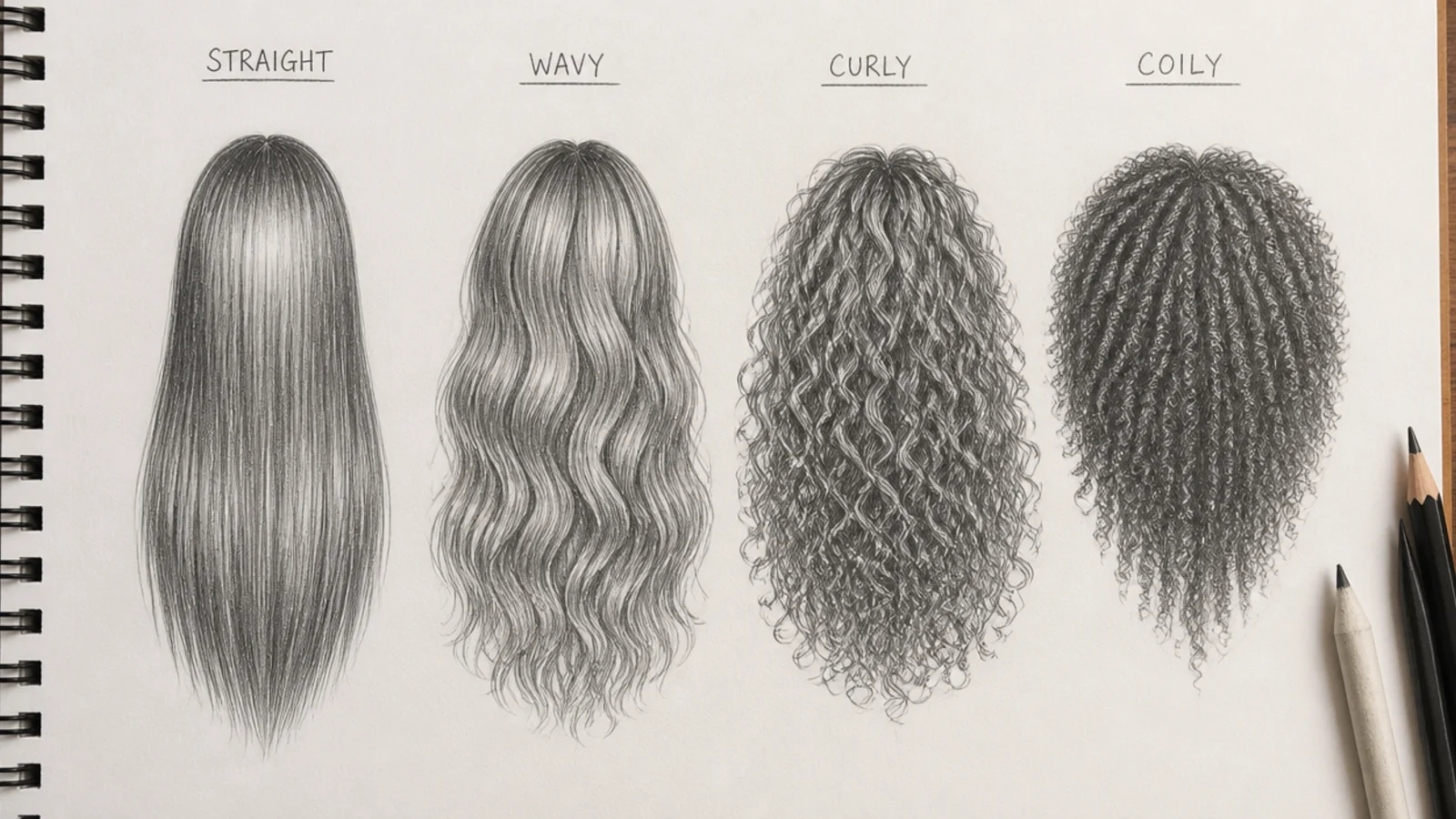 Four pencil hair sketches compared showing straight, wavy, curly and coily texture side by side
