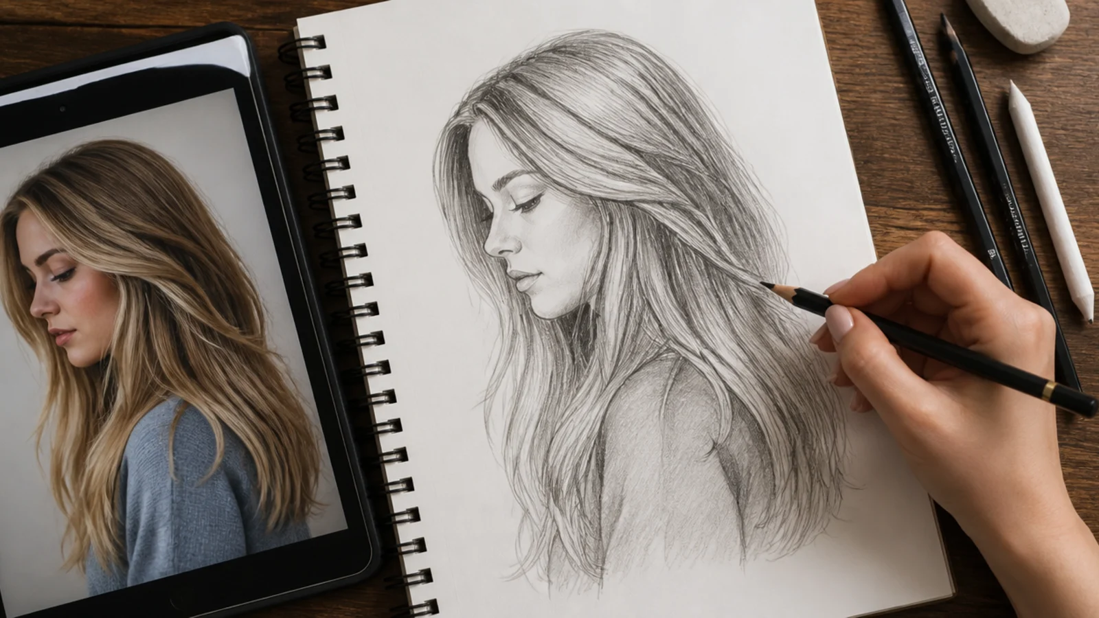 Artist sketching hair from a photo reference on a tablet beside a pencil drawing in a sketchbook