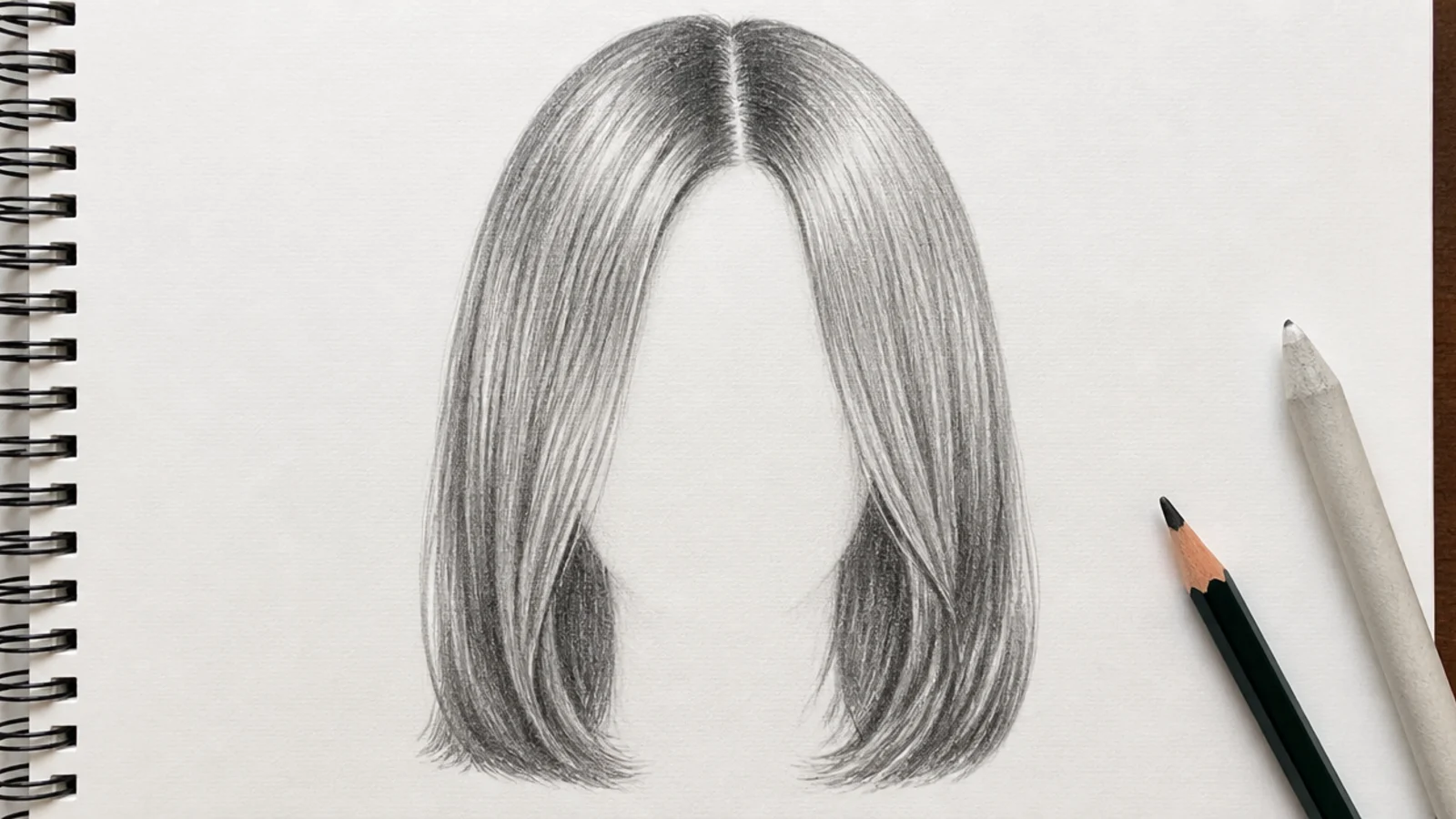 Pencil sketch of straight shoulder length hair drawn front on with a center part and soft ends