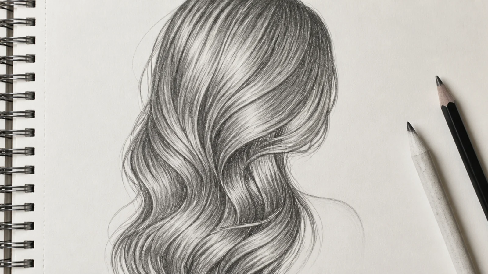 Graphite sketch of long wavy hair swept over one shoulder with S curve flow lines