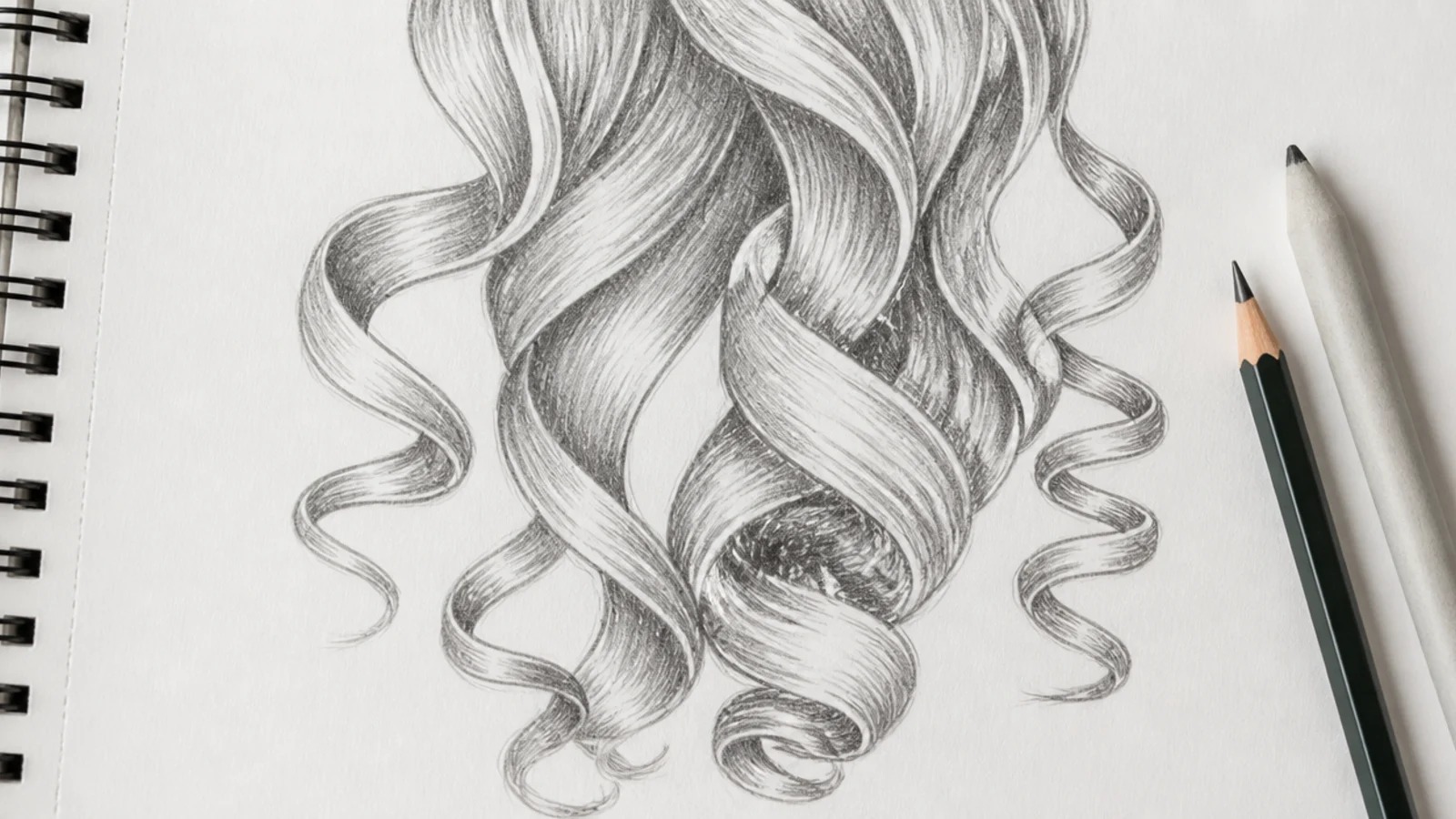 Pencil hair sketch of loose curls drawn as twisting ribbon shapes with light and shadow sides