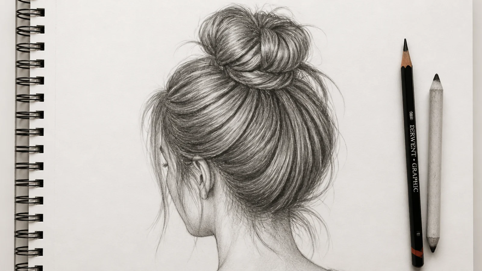 Sketch of a high messy bun in graphite with pulled back flow lines and loose escaping strands