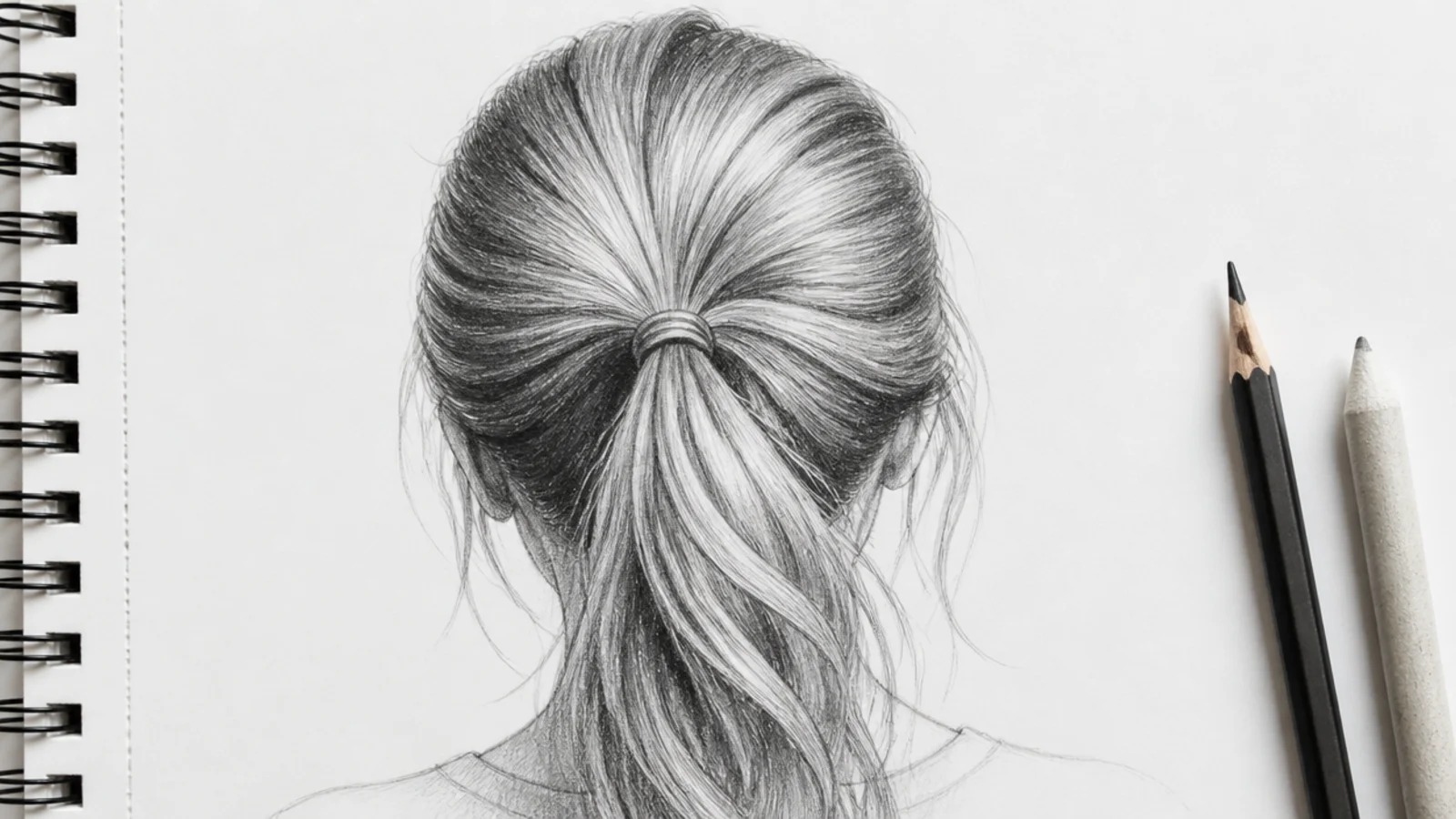 Back view pencil sketch of a ponytail showing crown swirl and hair gathered at a tie