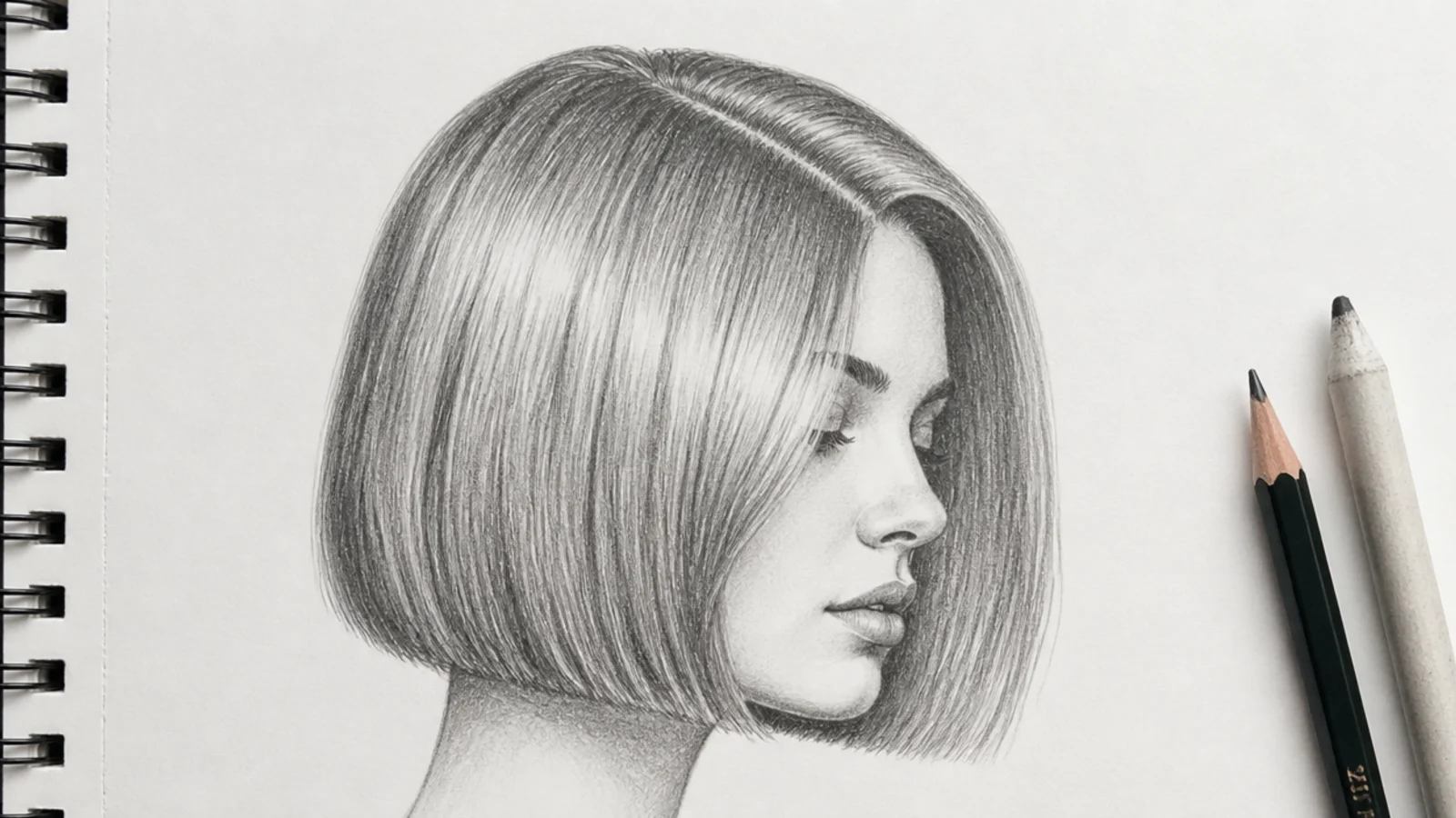 Pencil sketch of a chin length blunt bob with a heavy straight bottom edge and side part