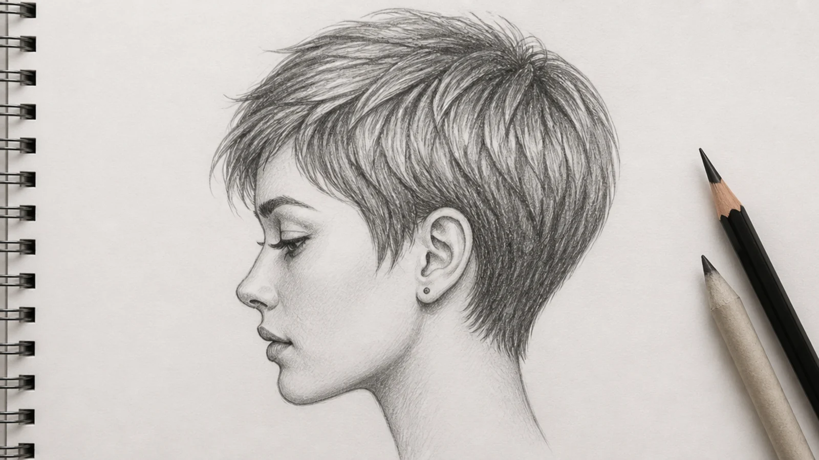 Side profile pencil sketch of a short pixie cut showing the skull shape through the hair