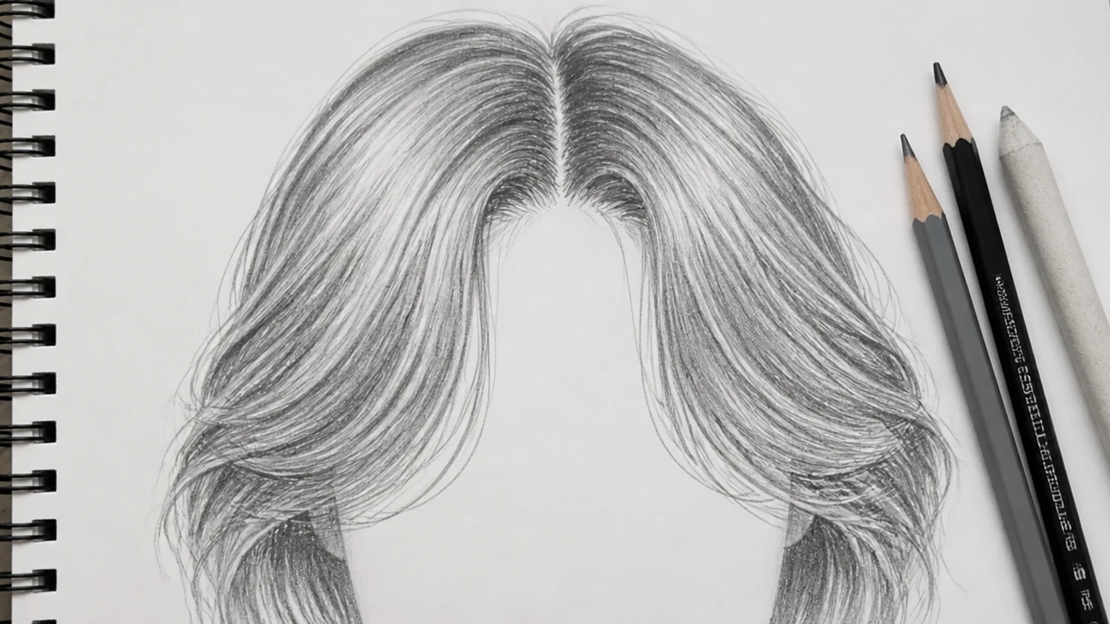 Hair sketch of center parted curtain bangs sweeping away from the face in graphite