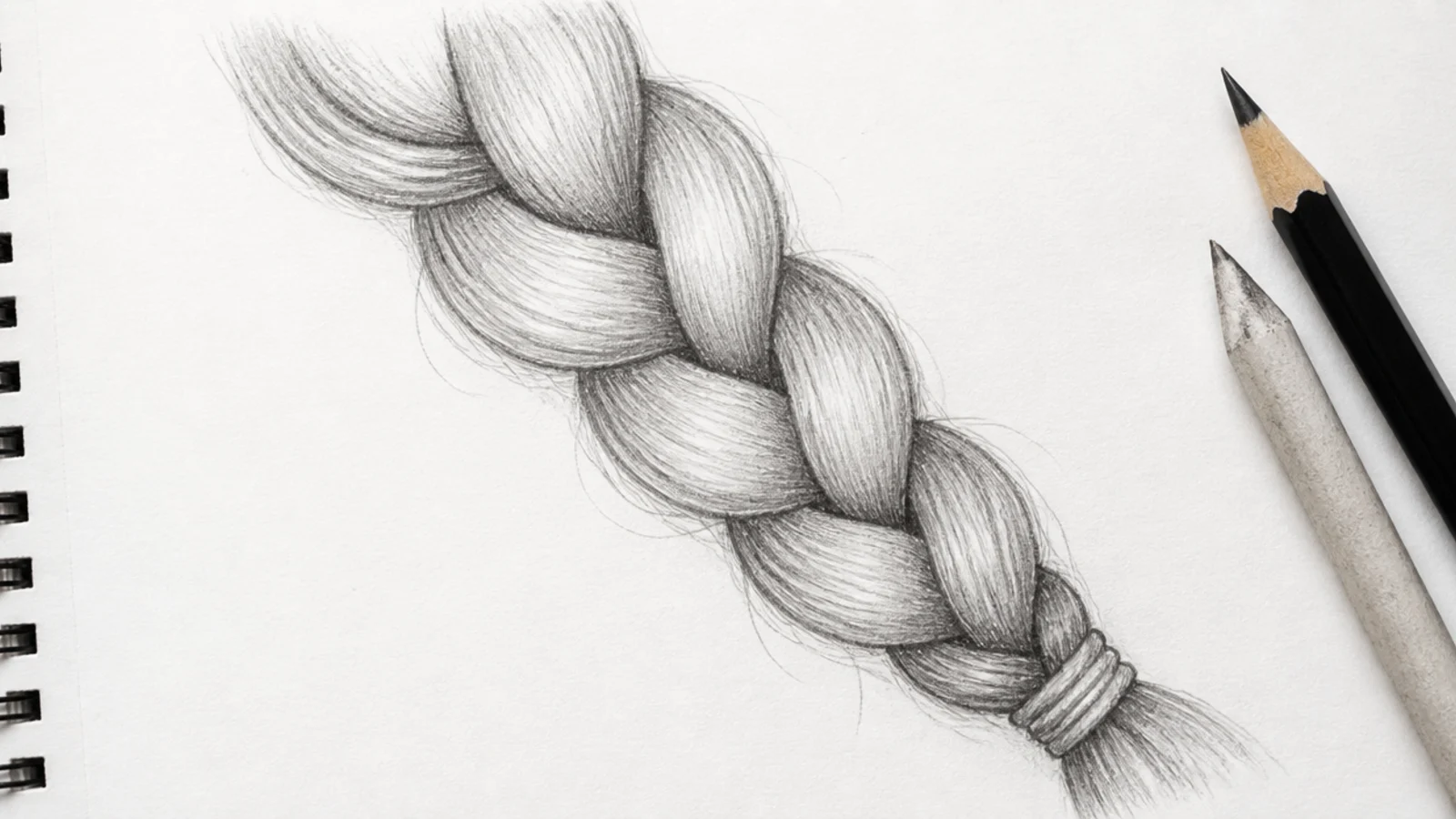 Pencil sketch of a three strand side braid drawn as stacked overlapping teardrop shapes