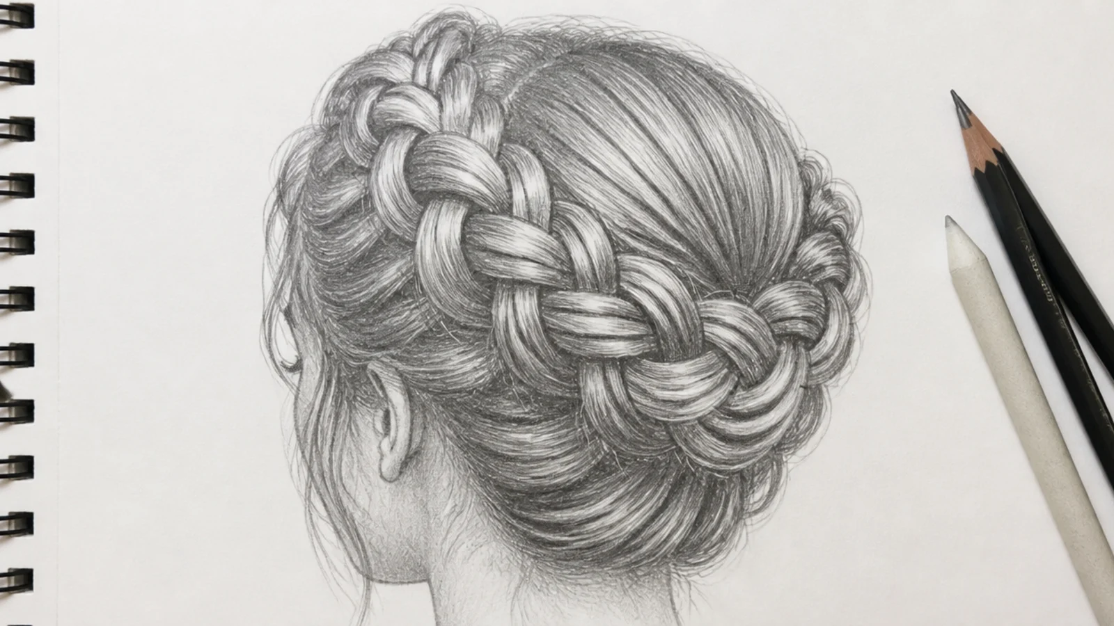 Sketch of a dutch braid crown wrapping around the head with raised overlapping sections