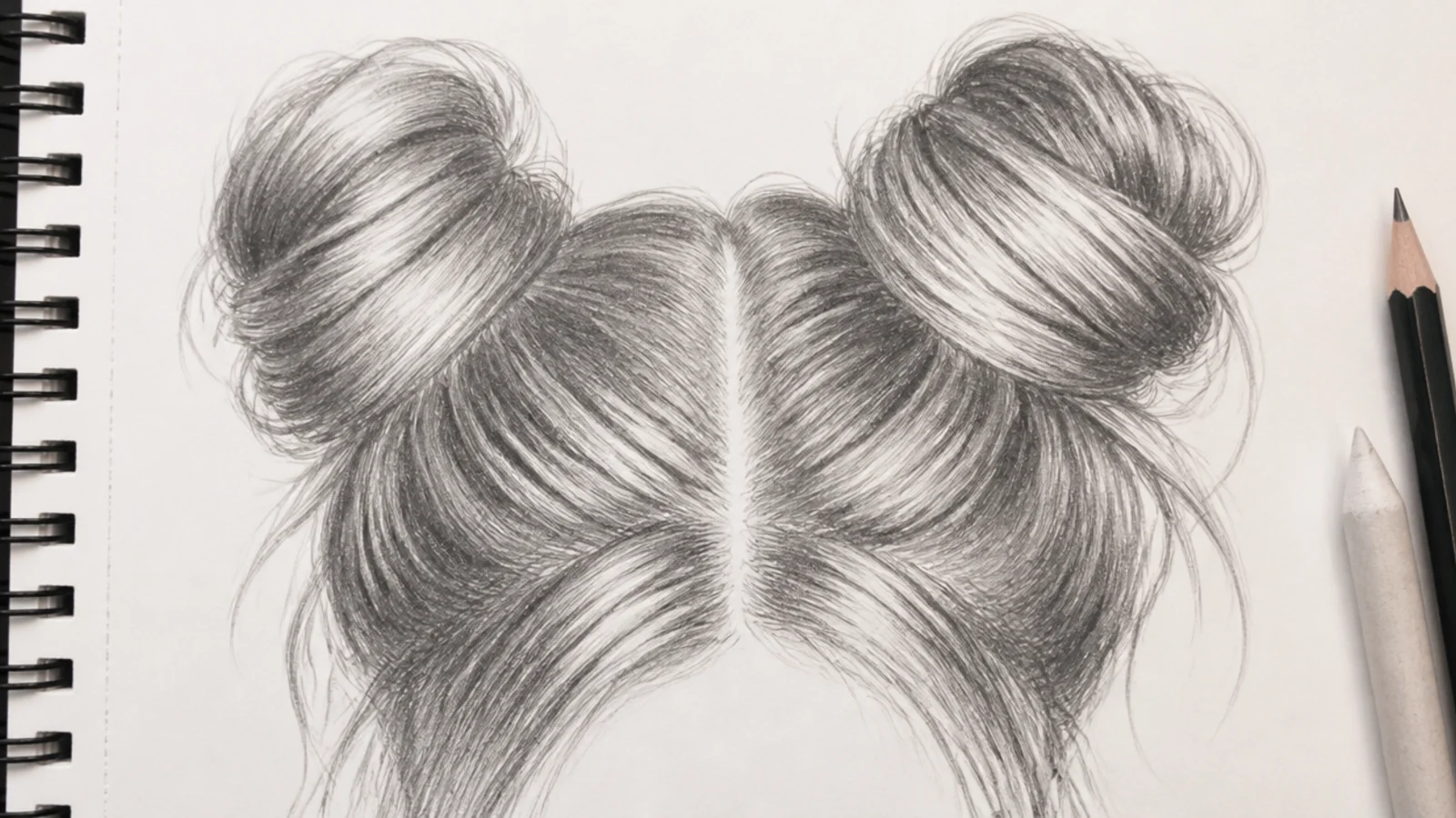 Pencil hair sketch of two high space buns with swept sections and a center part