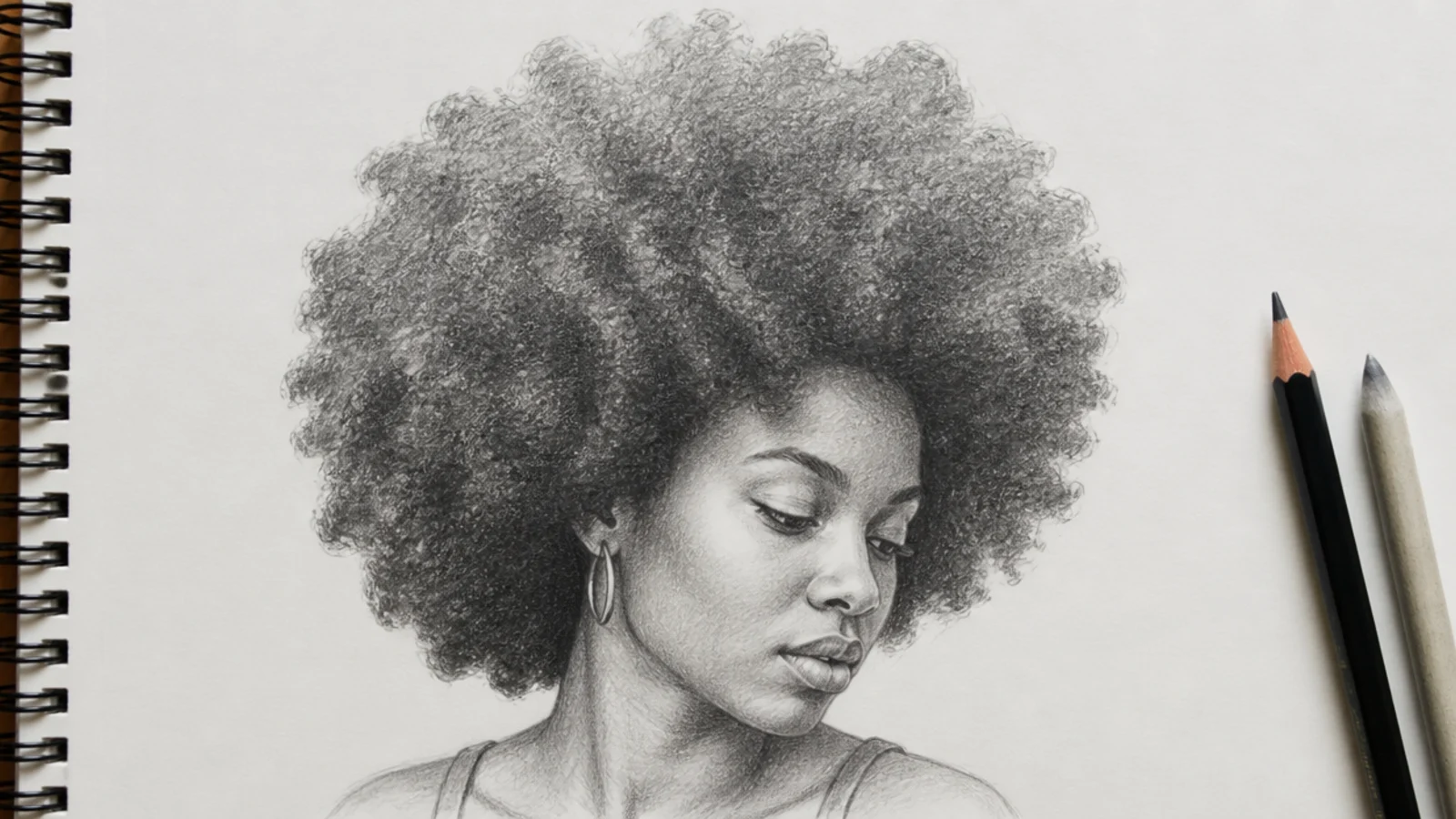 Graphite sketch of an afro drawn as a soft rounded mass with a broken irregular outline