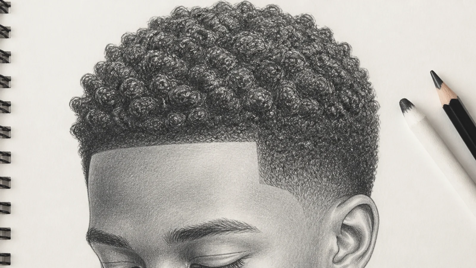 Pencil sketch of short 4C coily hair with tight sponge curls and a defined tapered hairline