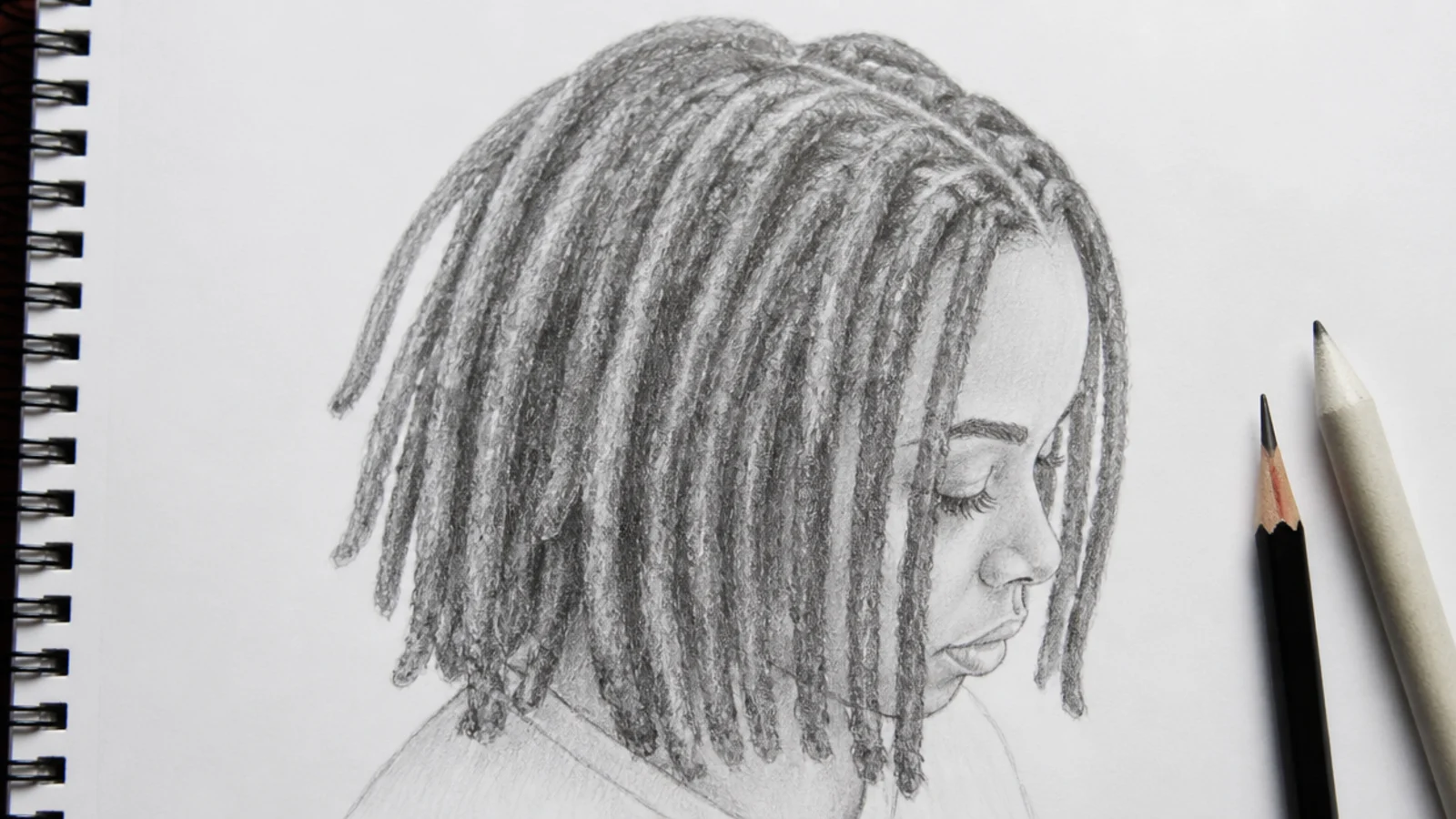 Hair sketch of shoulder length locs drawn as separate cylinders with rough surface texture