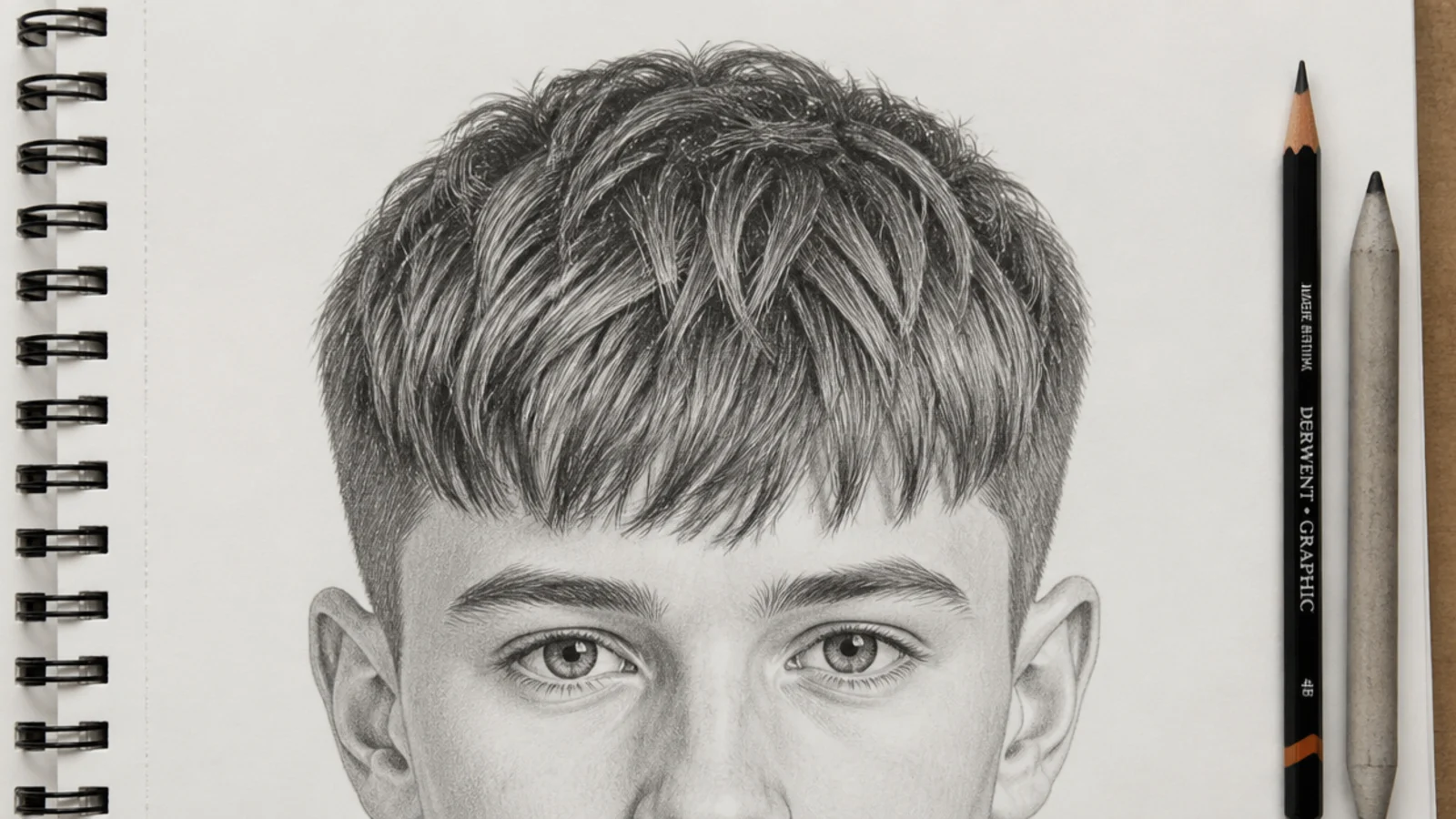 Front view pencil sketch of a boys textured crop with a forward fringe and short sides